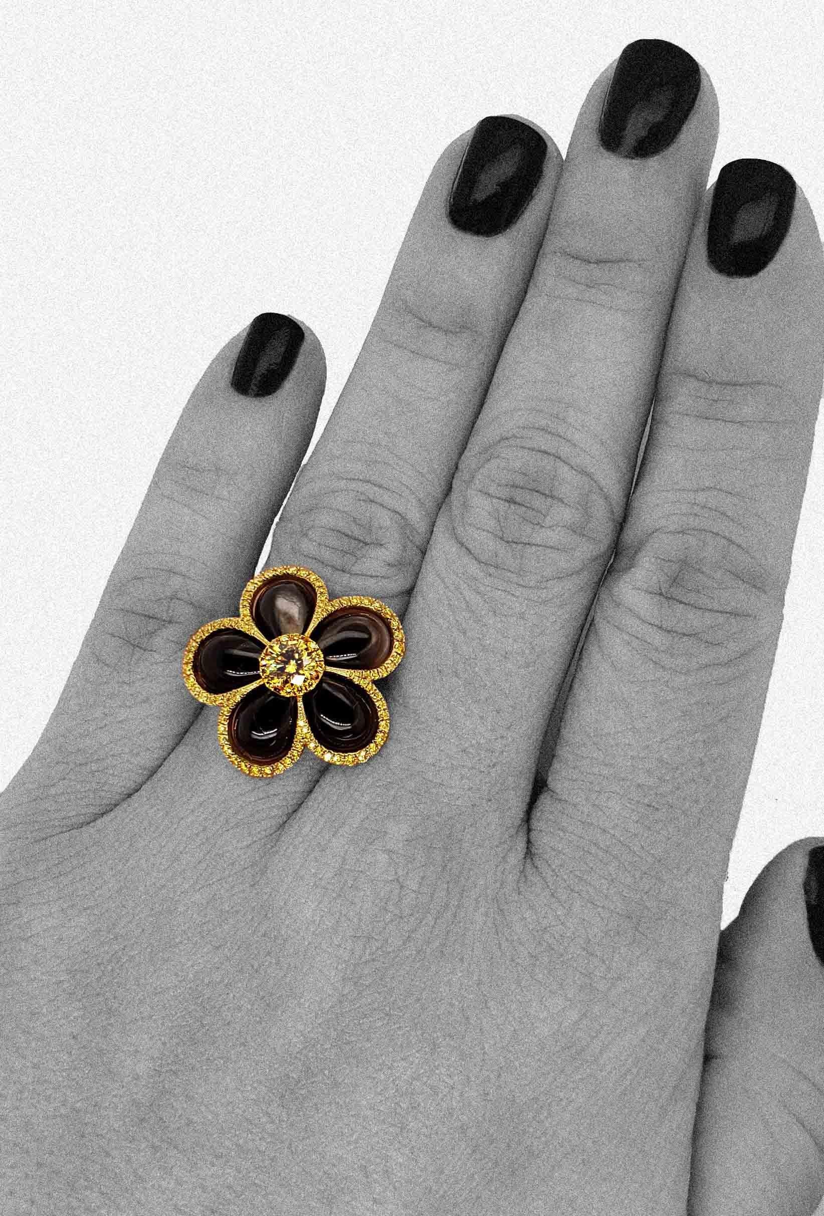 SCARSELLI Fancy Vivid Yellow Diamond Mother of Pearl 18 Karat Gold Flower Ring In New Condition For Sale In New York, NY