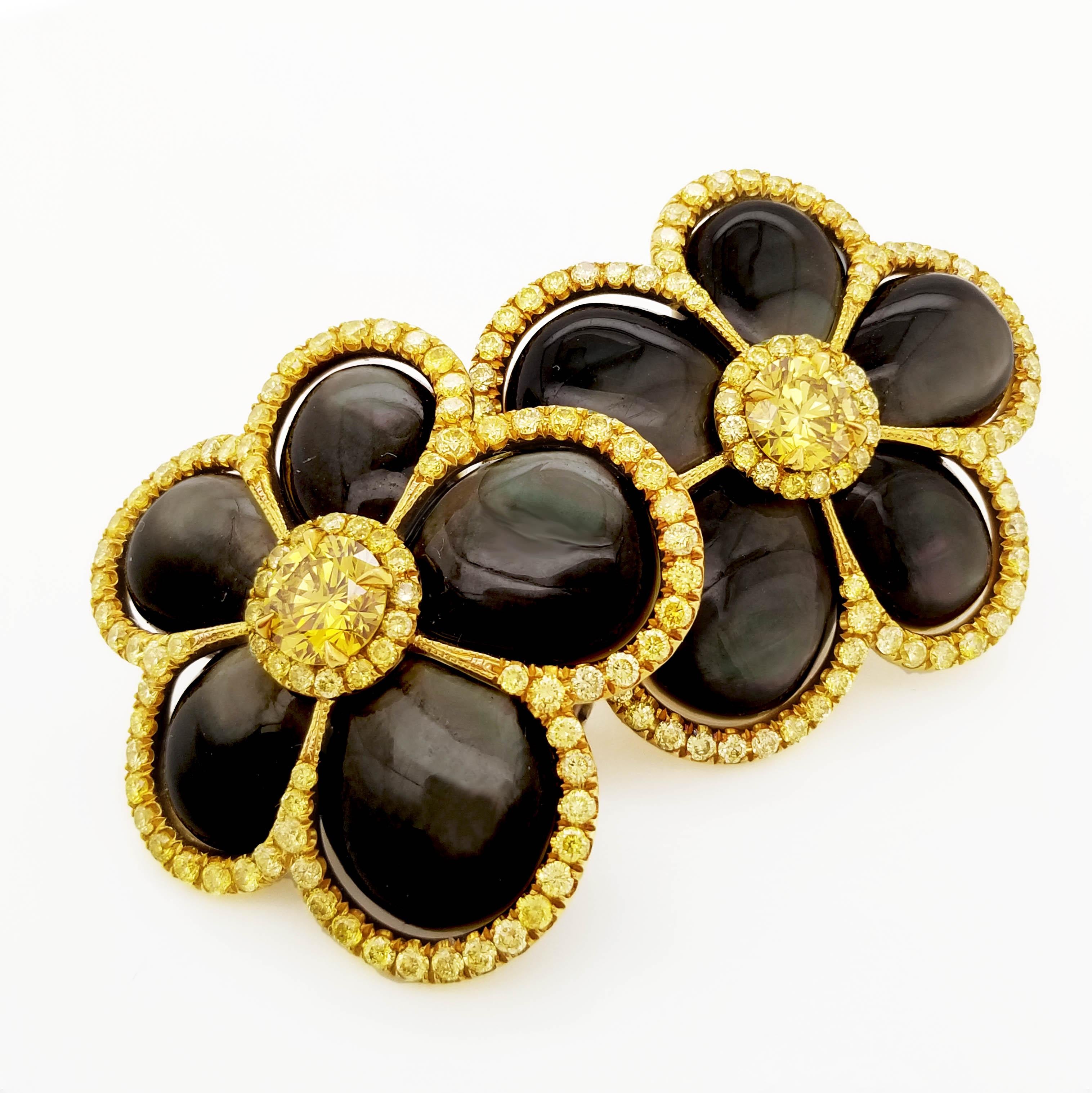 From Scarselli Couture Collection these astonishing wearable Earrings with Fancy Vivid Yellow Diamonds 0.40ct each approx. GIA certified (see certificates for detailed information of the stones) are blooming with Black Mother-of-Pearl petals