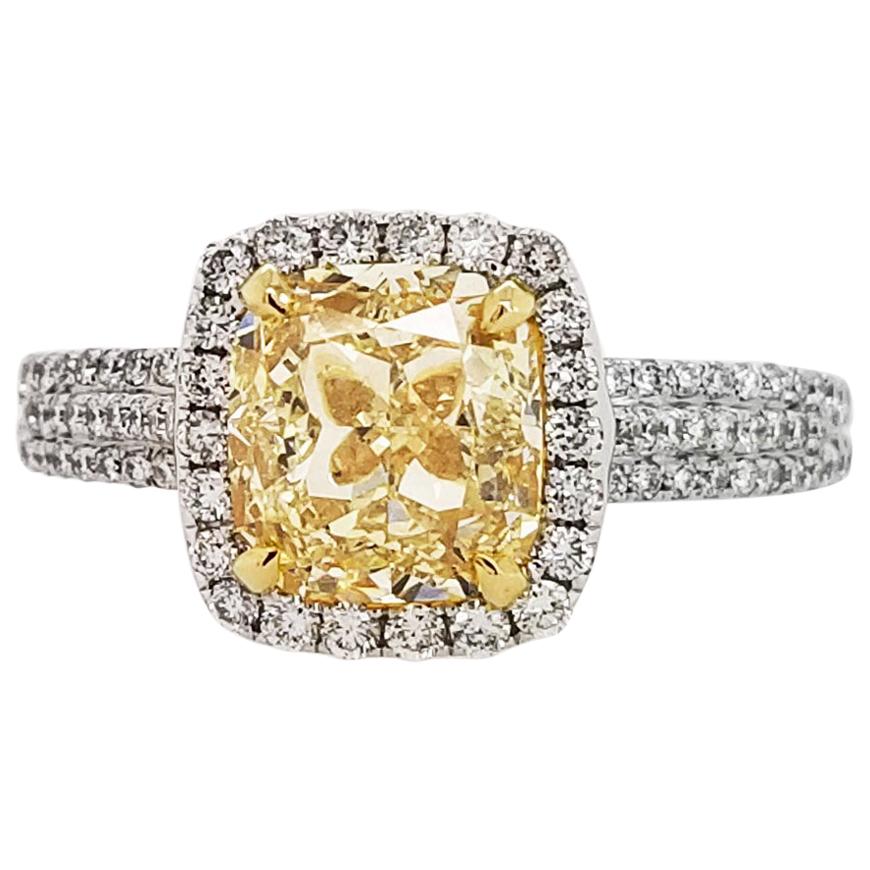Scarselli GIA 2 Cushion Cut Fancy Yellow Diamond Engagement Ring in 18 Karat