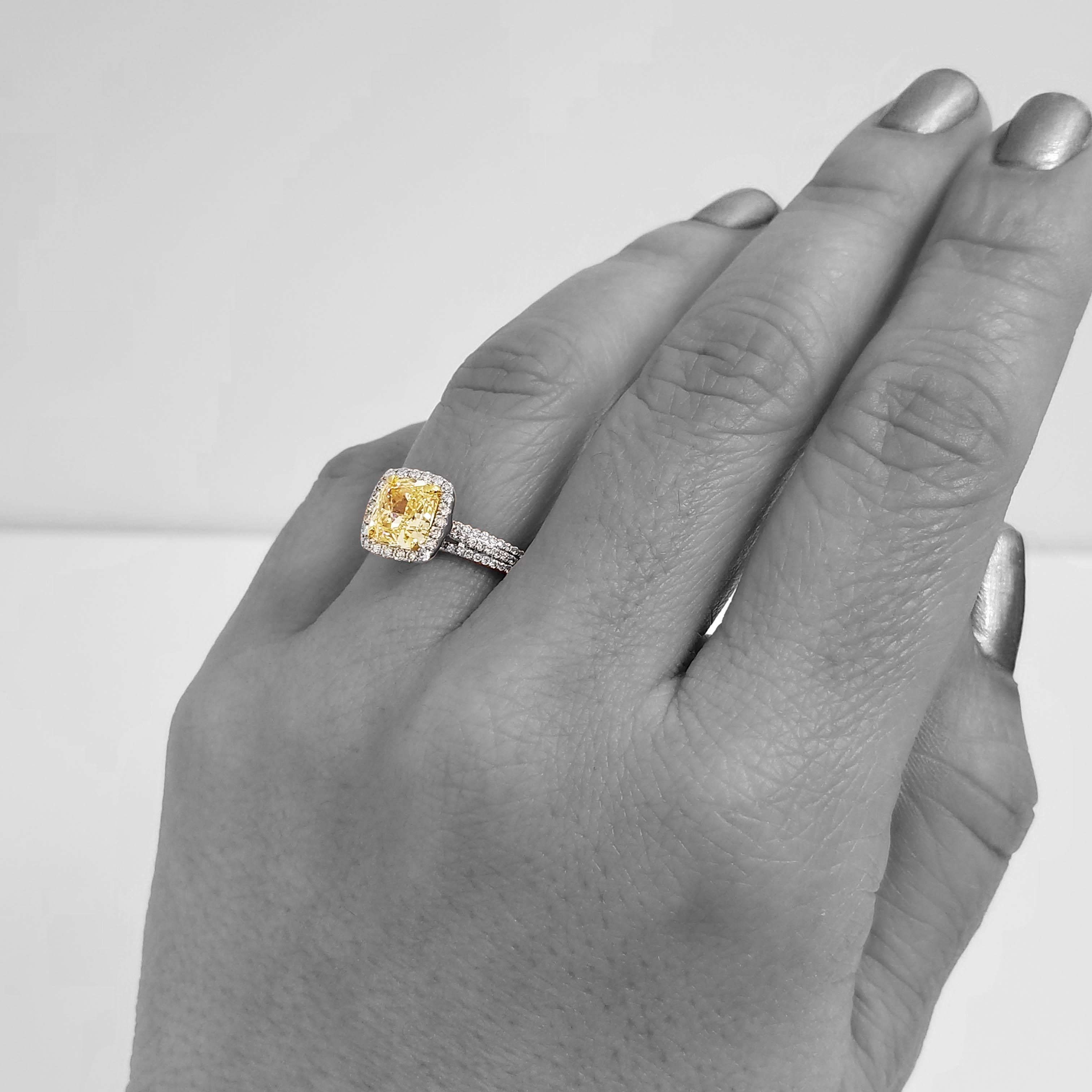 Contemporary Scarselli GIA 2 Cushion Cut Fancy Yellow Diamond Engagement Ring in 18 Karat