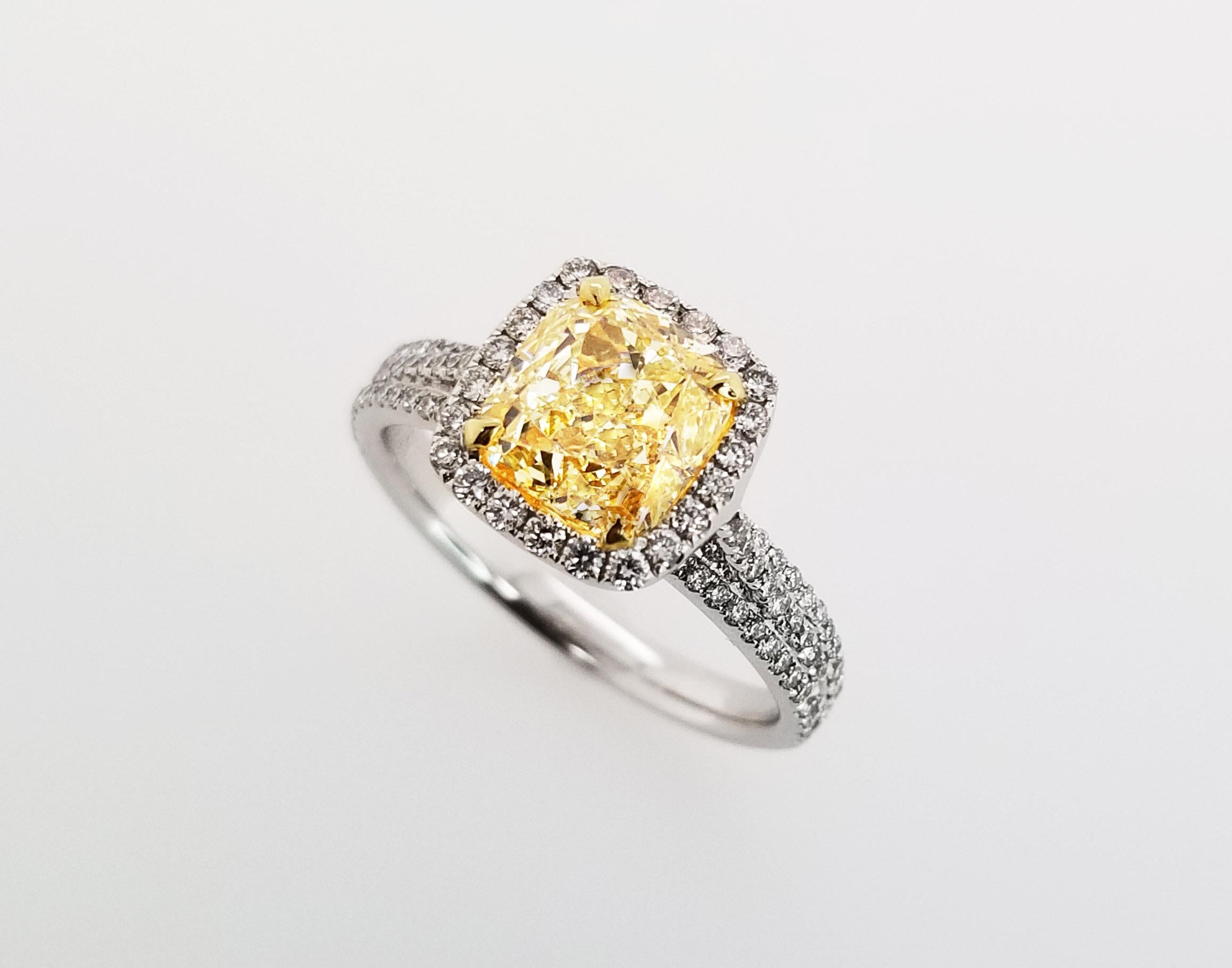 Scarselli GIA 2 Cushion Cut Fancy Yellow Diamond Engagement Ring in 18 Karat 1