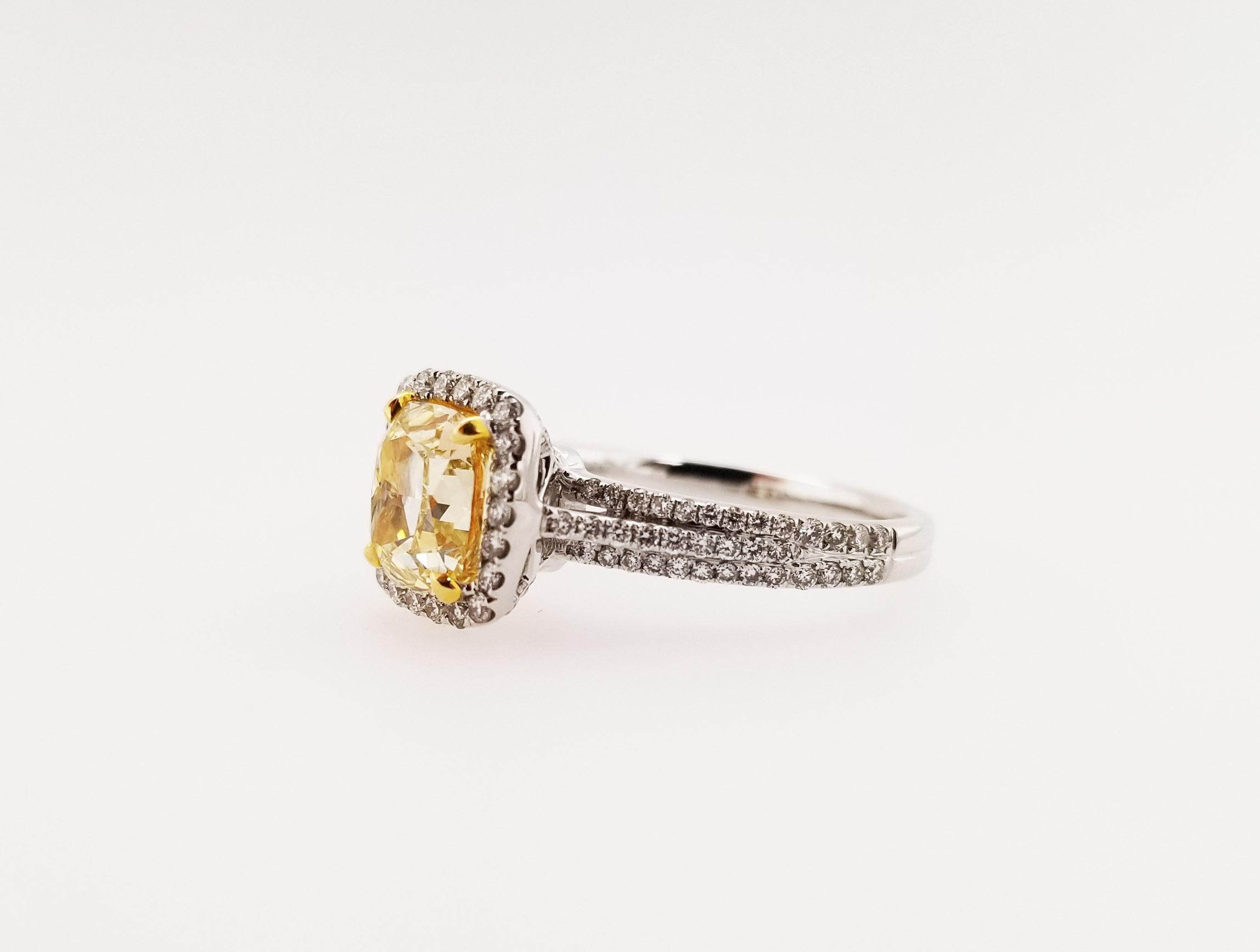 Scarselli GIA 2 Cushion Cut Fancy Yellow Diamond Engagement Ring in 18 Karat 2