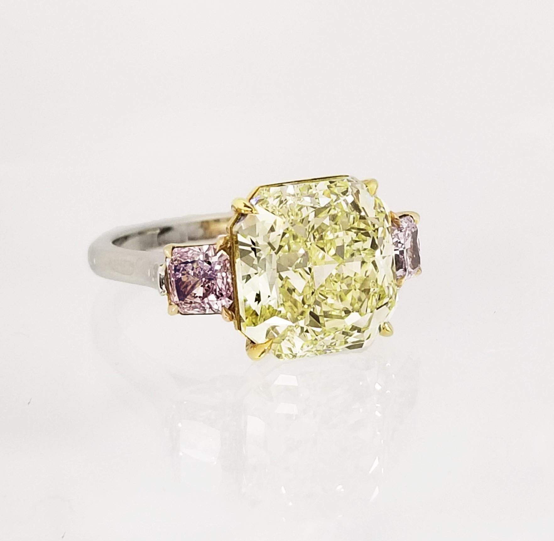 Contemporary Scarselli GIA 7 Carat Yellow Radiant and Pink Cushion Diamond Ring in Platinum For Sale
