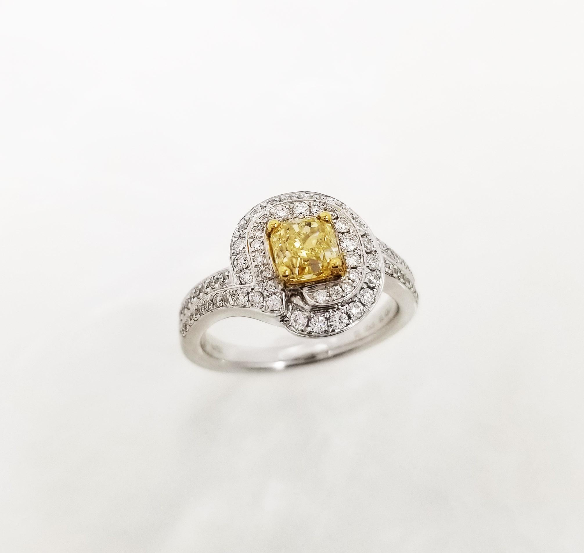 Radiant Cut Scarselli GIA-Certified 1 Carat Fancy Yellow Natural Diamond 18k Engagement Ring For Sale