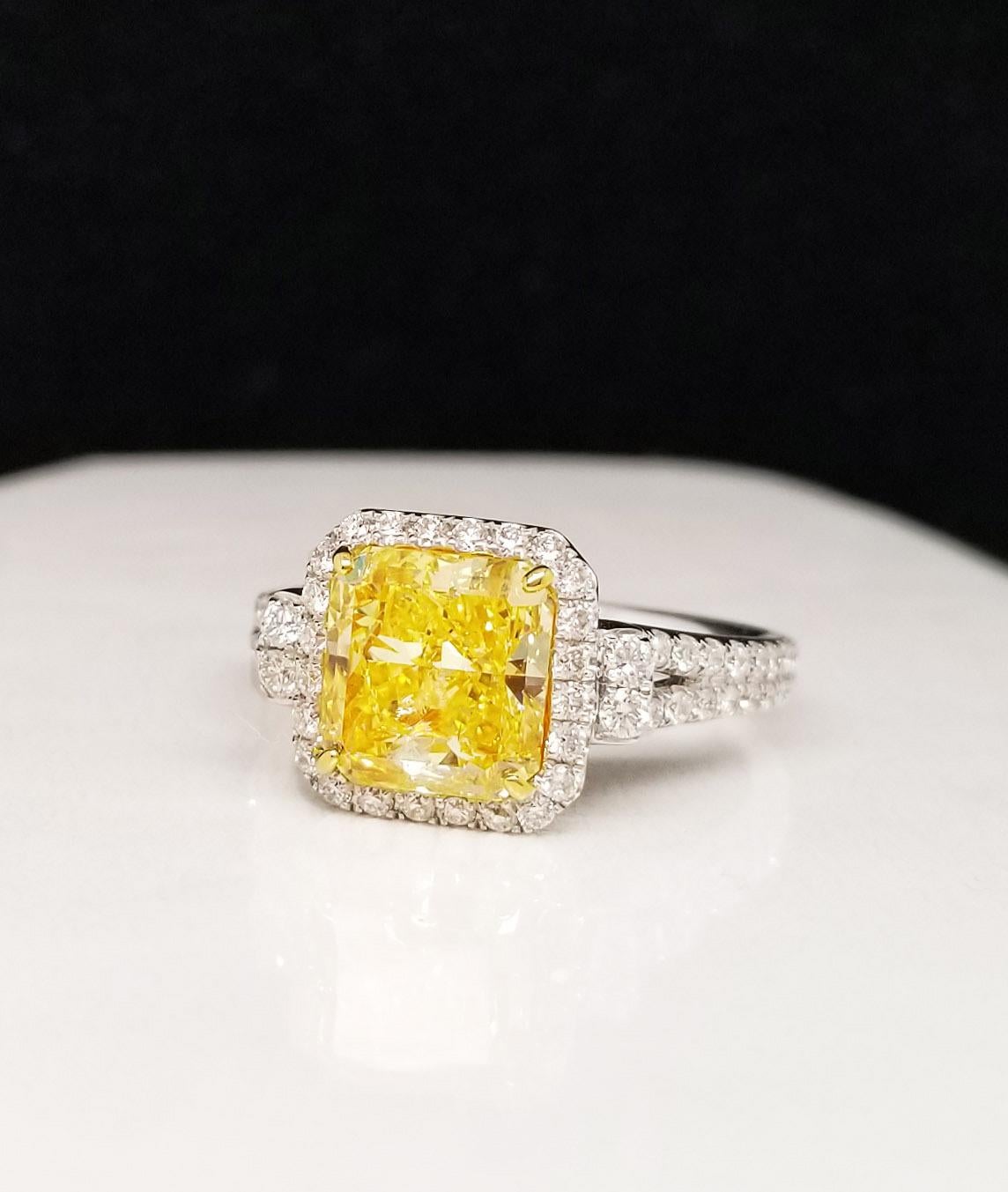 Scarselli GIA Certified 2 Carat Fancy Intense Yellow Radiant Cut Engagement Ring 1