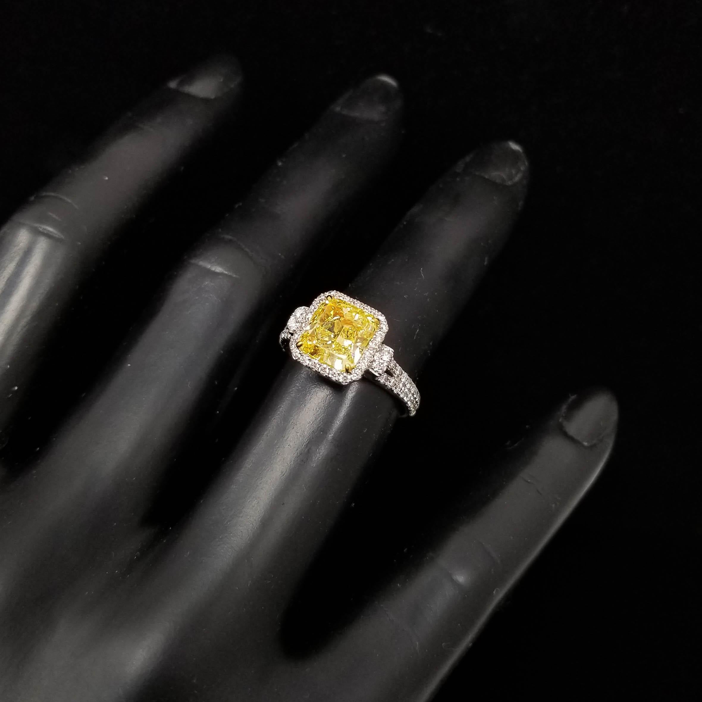 Scarselli GIA Certified 2 Carat Fancy Intense Yellow Radiant Cut Engagement Ring 2