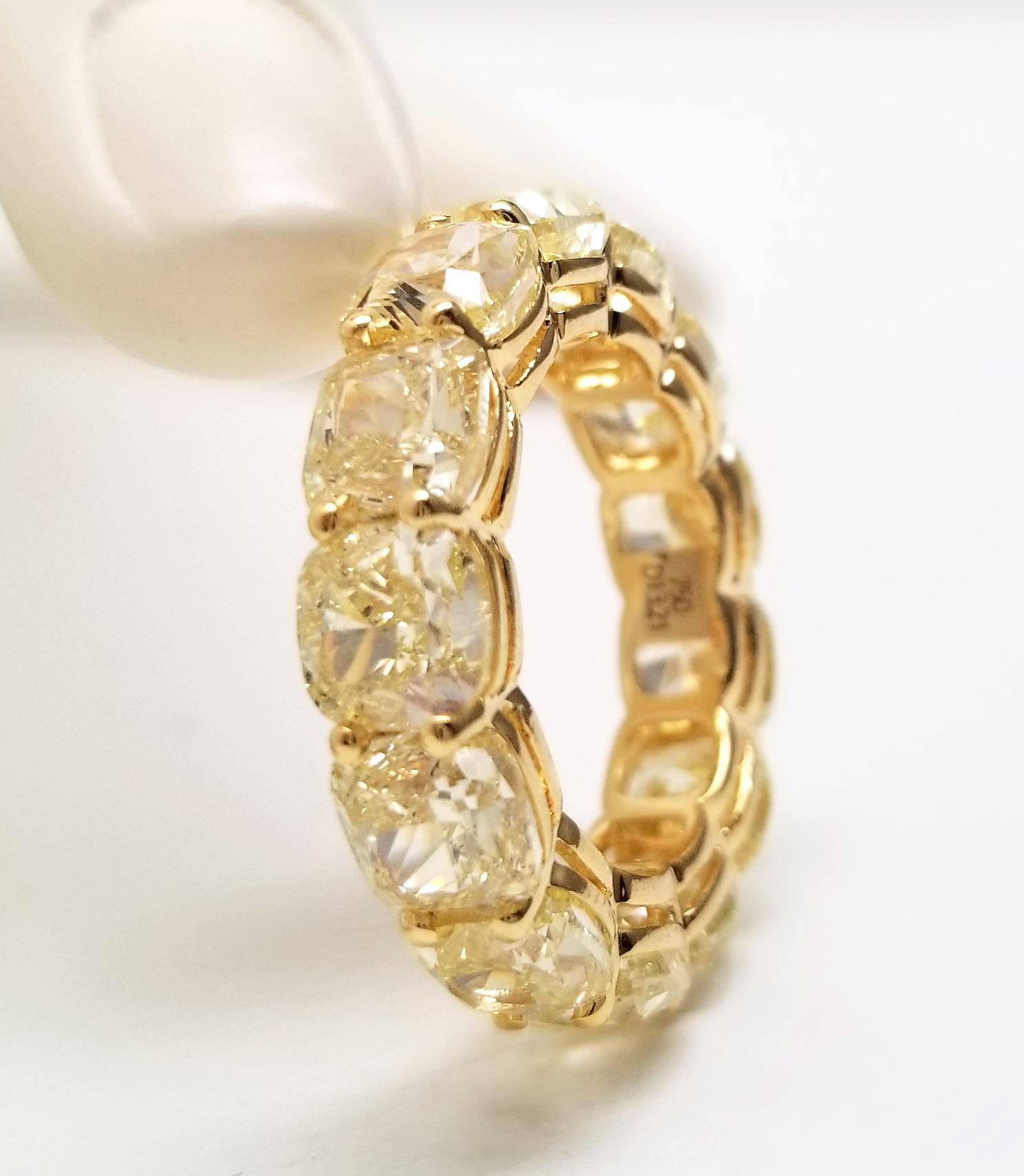 Eternity Band comprised of 13 GIA-Certified Cushion-Cut Fancy Light Yellow Diamonds on an 18 Karat Yellow Gold Band. 13.21 carats of Natural Fancy Light Yellow Diamonds from Scarselli form an elegant eternity band, fashioned with 18K yellow gold.