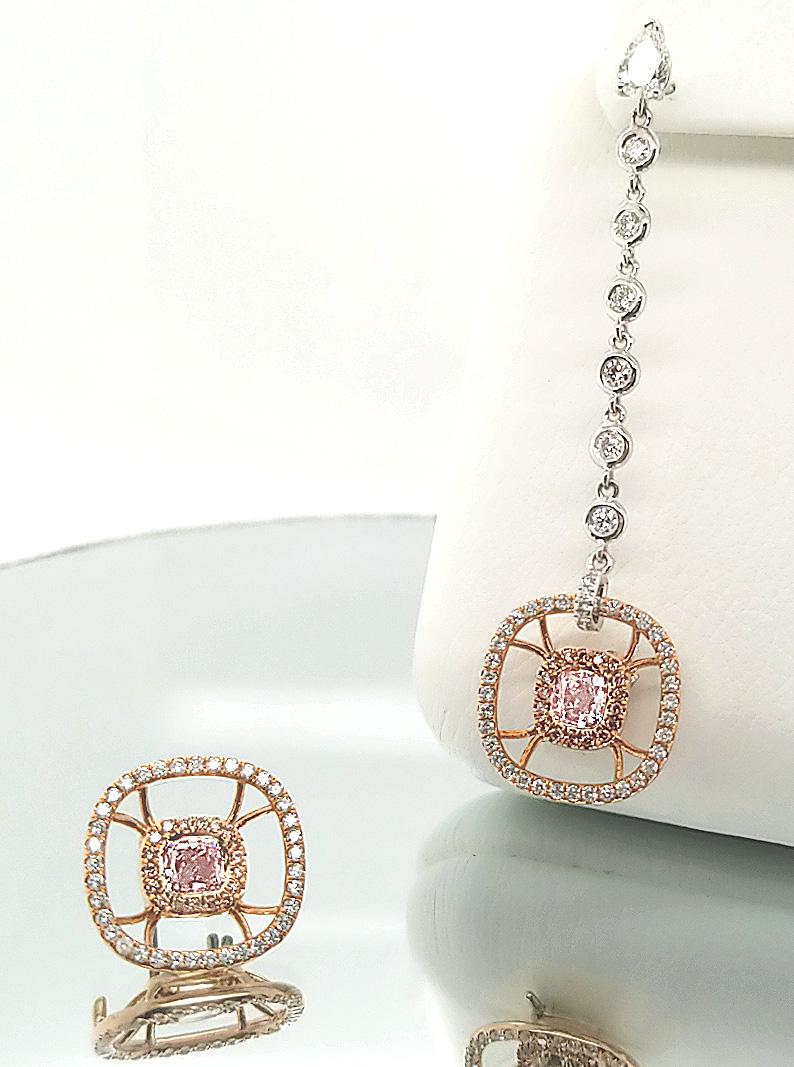 Radiant Cut Scarselli GIA Fancy Light Pink Diamond 18k Rose Gold Dangle Earrings 4.66 TCW For Sale