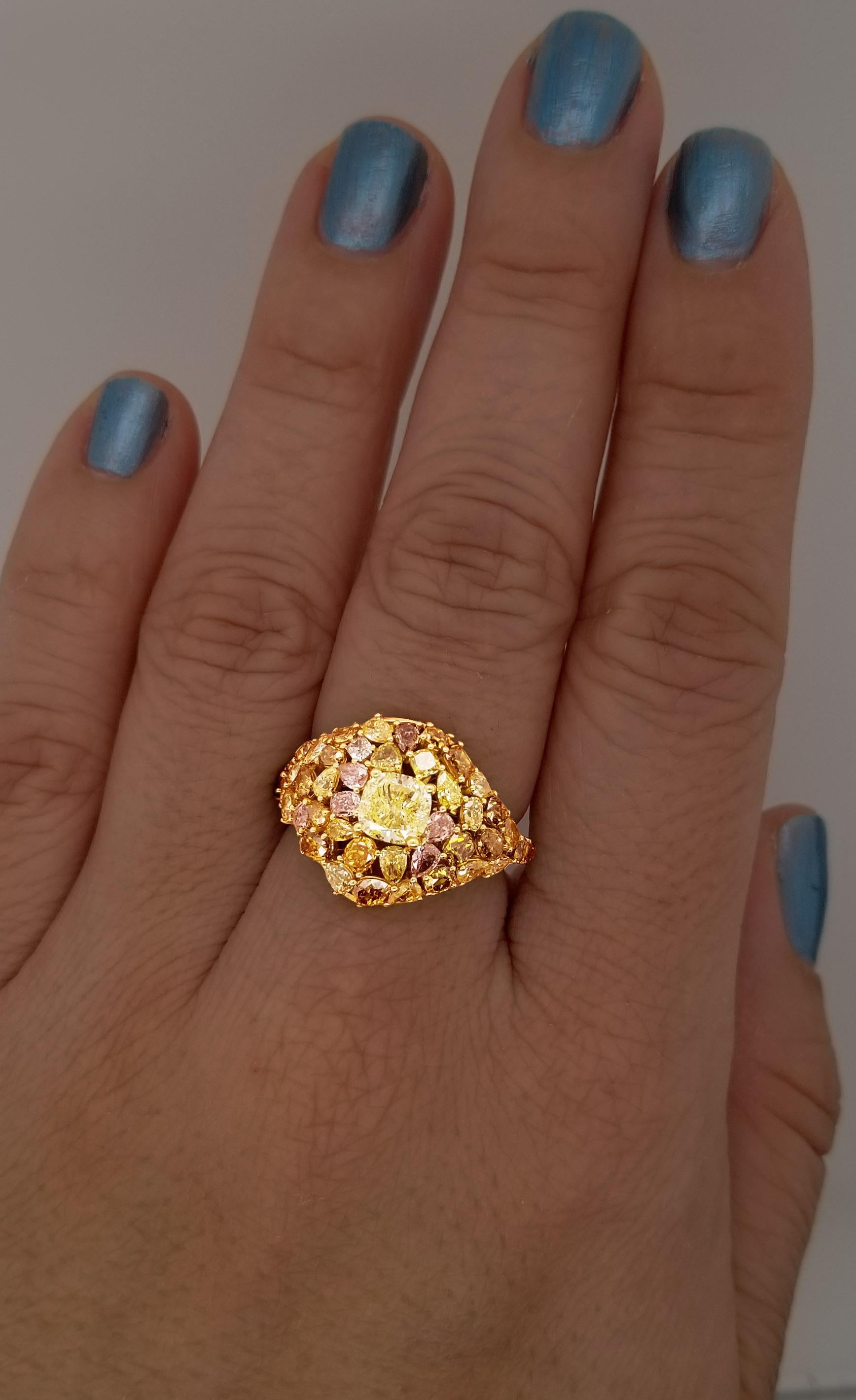 Contemporary Scarselli Mosaic Cocktail Ring Natural 1 Carat Fancy Yellow Diamond Cushion GIA For Sale
