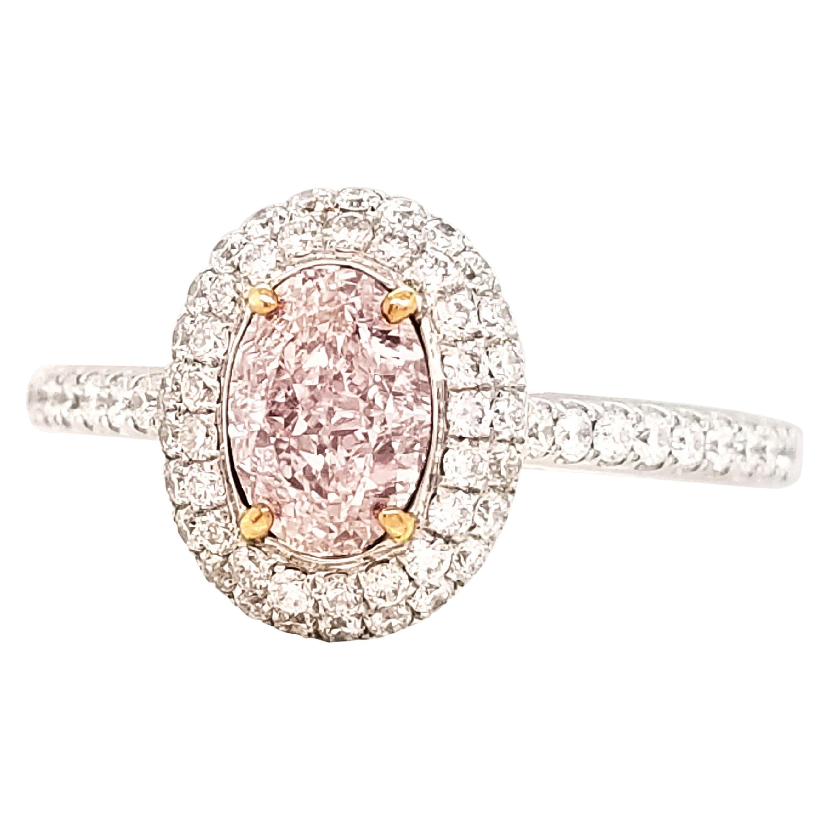 Scarselli GIA Oval Halo 0.82 Pink Diamond Engagement Ring in 18 Karat White Gold For Sale