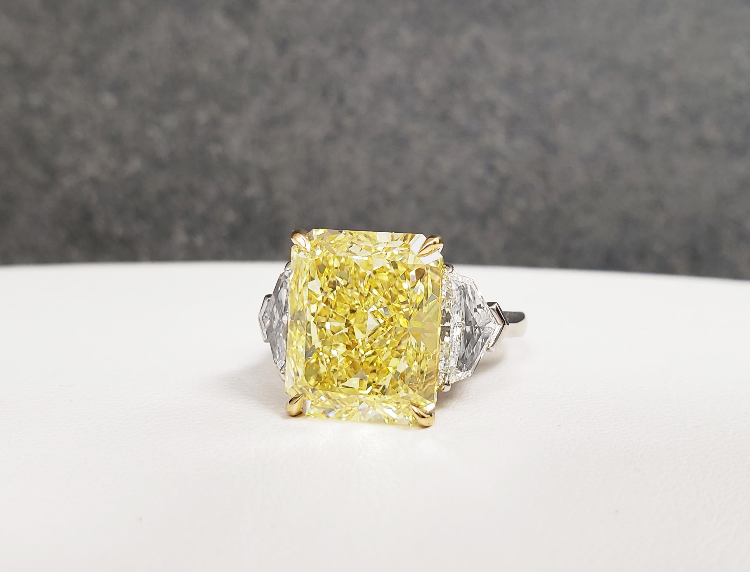 Radiant Cut Scarselli Platinum Engagement Ring 10 Carat Intense Yellow Diamond GIA