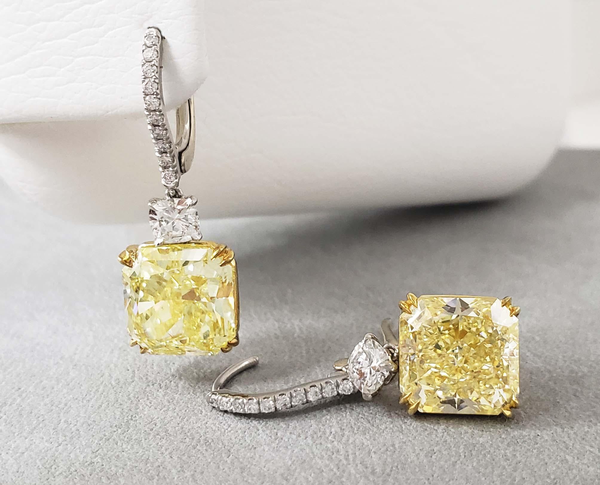 Contemporary Scarselli Radiant Fancy Yellow Drop Earrings 5 carat each in Platinum