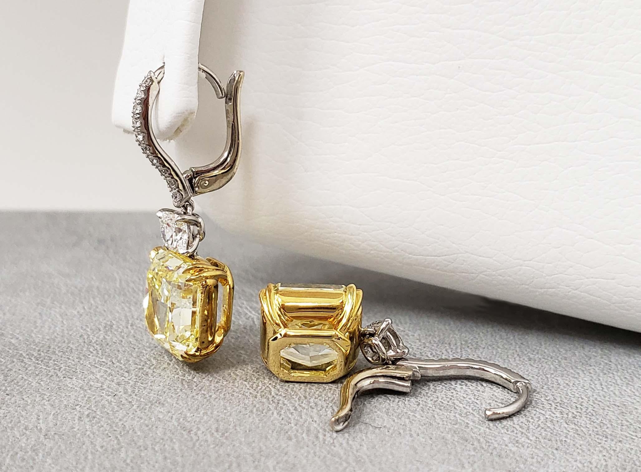 Radiant Cut Scarselli Radiant Fancy Yellow Drop Earrings 5 carat each in Platinum
