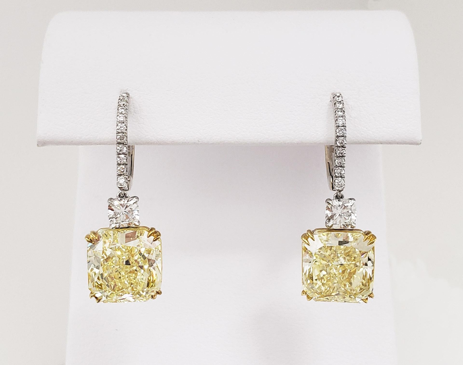 Scarselli Radiant Fancy Yellow Drop Earrings 5 carat each in Platinum In New Condition In New York, NY