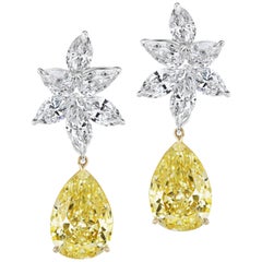 Scarselli Rare Matched 7 Carat Each Fancy Intense Yellow Pear Earring Drops, GIA