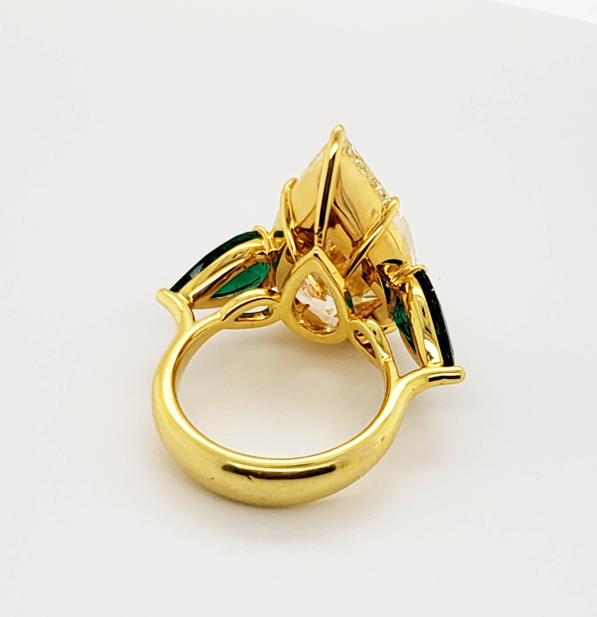 Contemporary Scarselli Ring 14 Carat Pear Shape Yellow Diamond with Emeralds