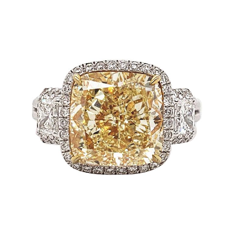 Scarselli Six Carat Fancy Yellow Cushion Cut Diamond Ring in Platinum, GIA
