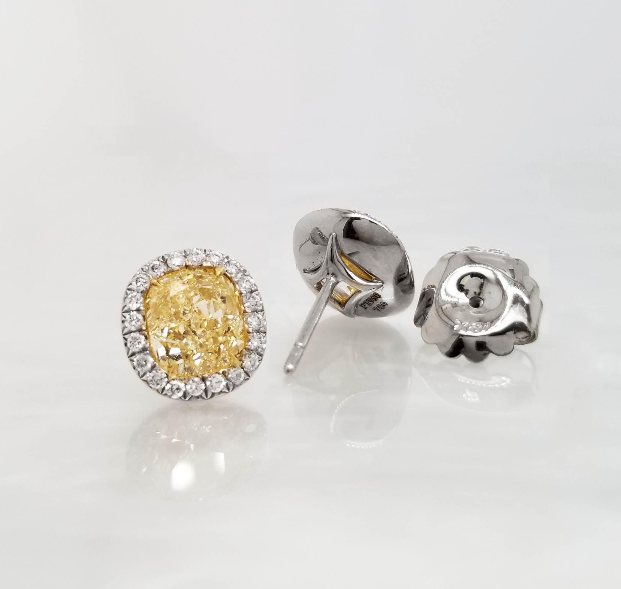 Women's SCARSELLI Stud Platinum Earrings 2 Carat Fancy Yellow Diamond Each GIA