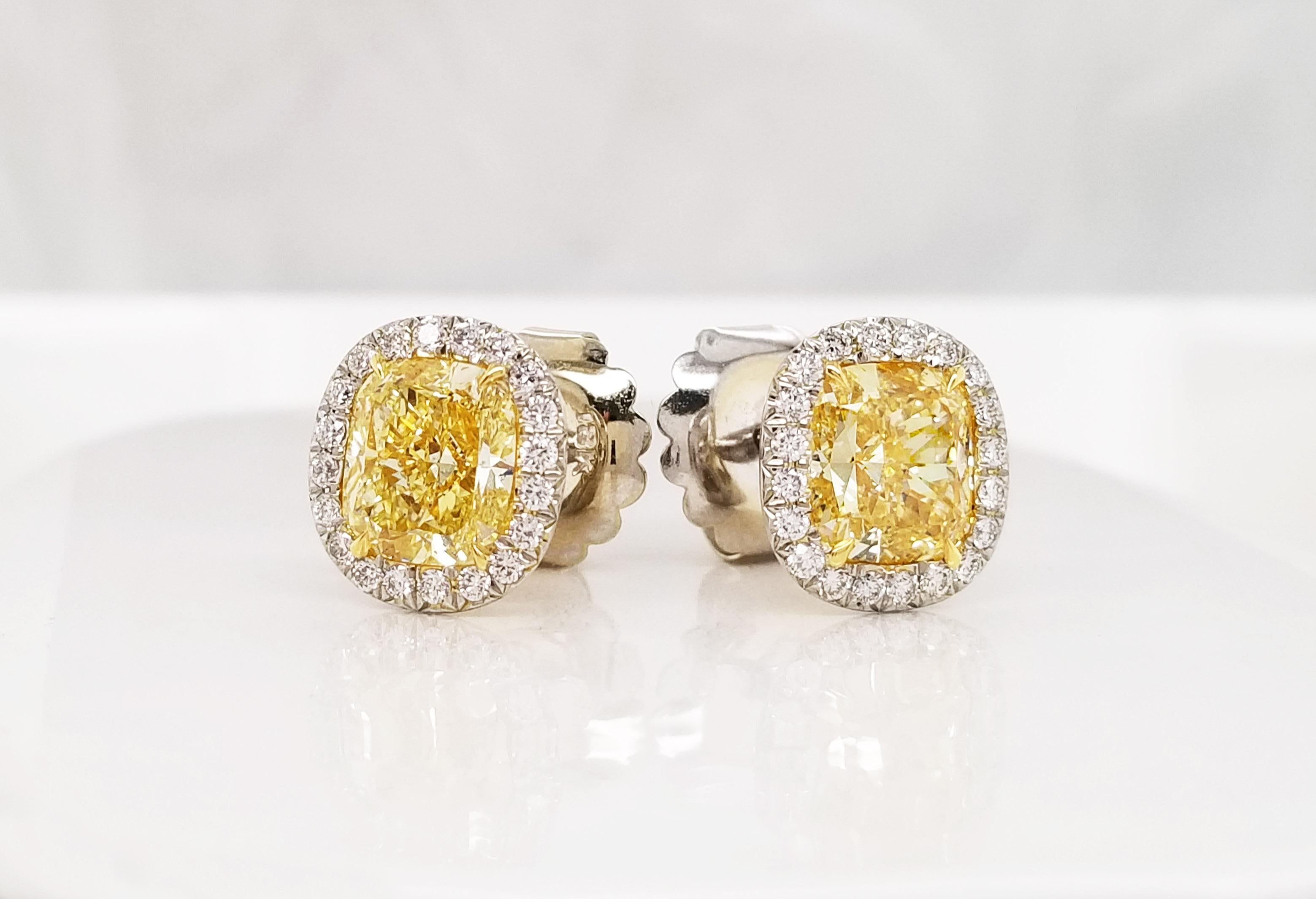 From Scarselli collection these Fancy Yellow Diamonds center stones 2.05 carats and 2.03 carats, cushion cut and, VS2 clarity certified by GIA. The Yellow Diamonds are simpleness beautiful set up in a Platinum body, which included pushbacks in 18k