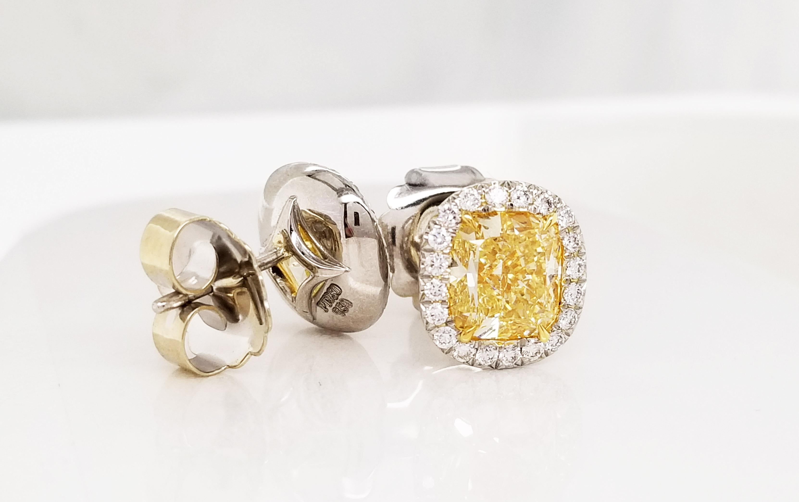 Scarselli Stud Platinum Earrings with 2 Carat Fancy Yellow Diamond Each GIA (Kissenschliff)