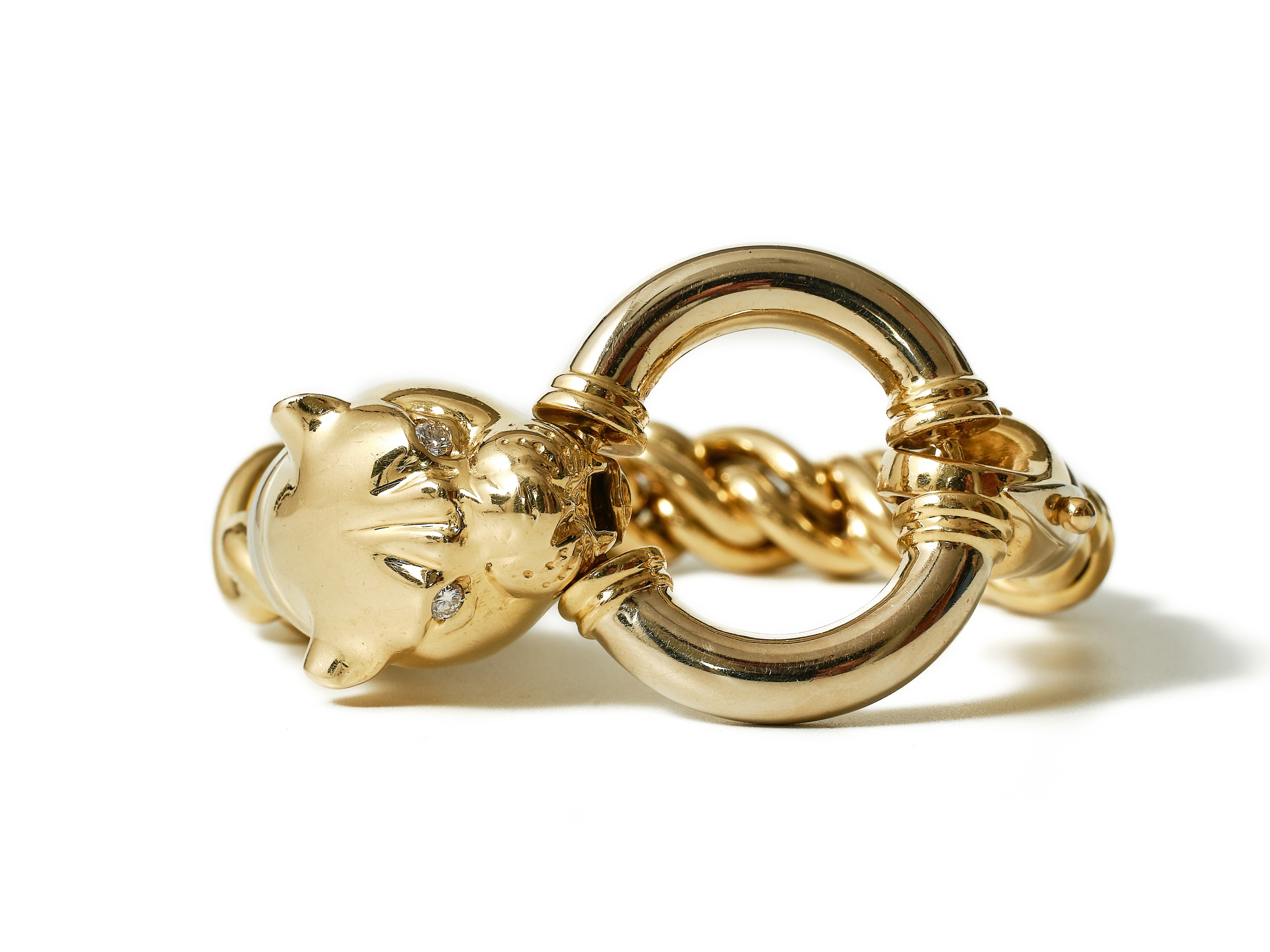 Brilliant Cut Scarselli yellow and white 18k gold Panther diamond chain bracelet For Sale