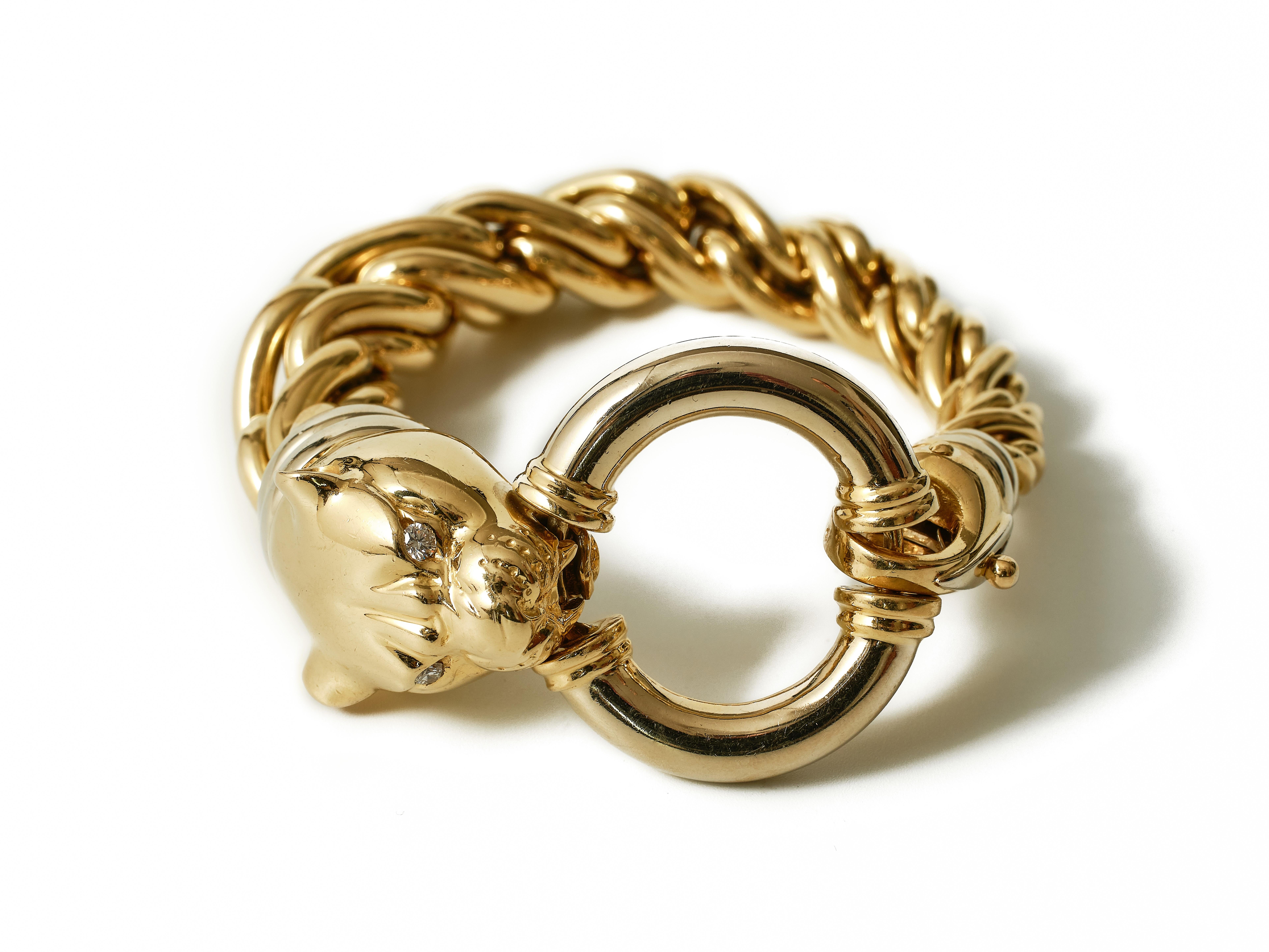 Scarselli yellow and white 18k gold Panther diamond chain bracelet In Good Condition For Sale In Malmö, Skåne län