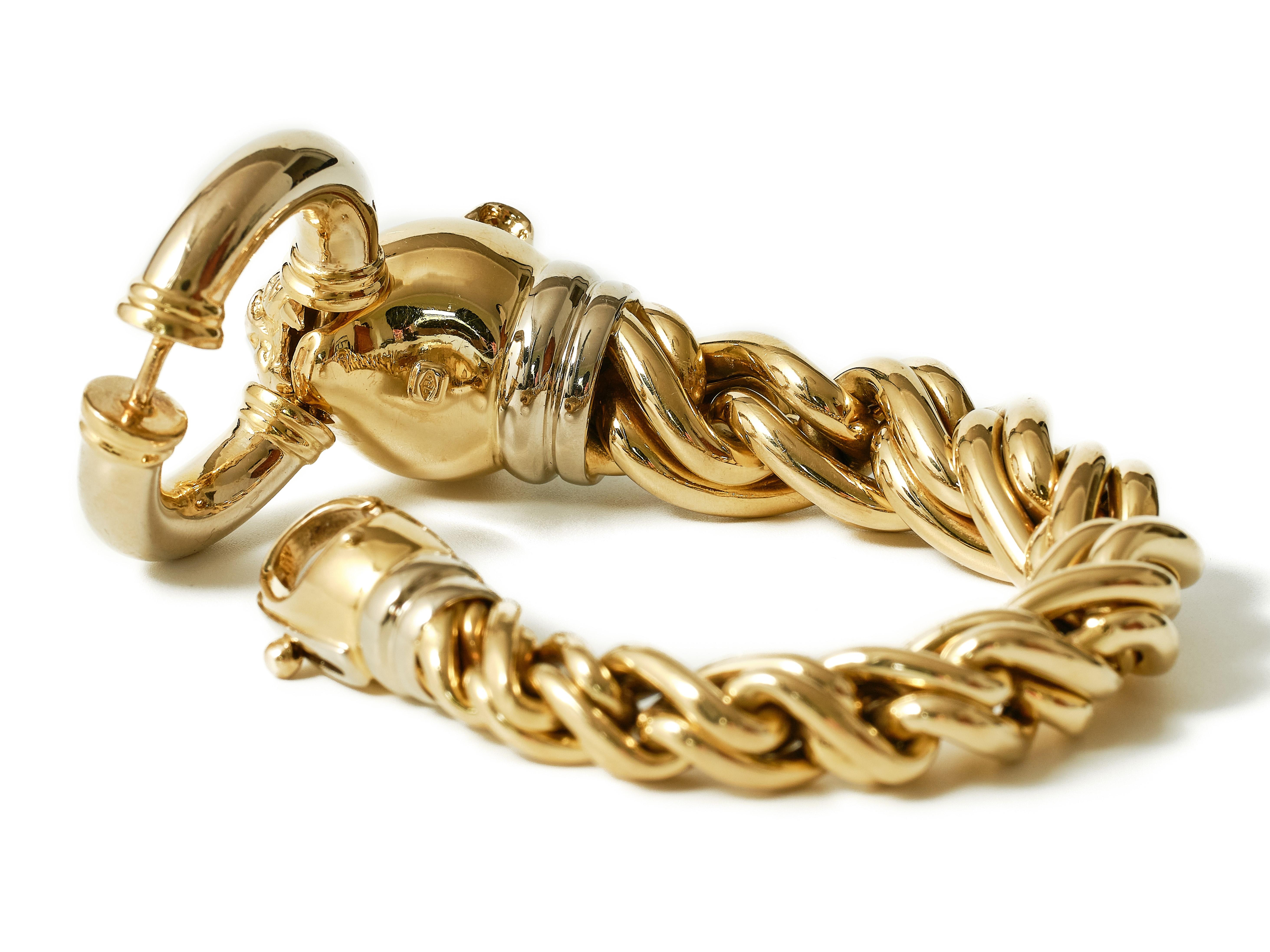 Women's or Men's Scarselli yellow and white 18k gold Panther diamond chain bracelet For Sale