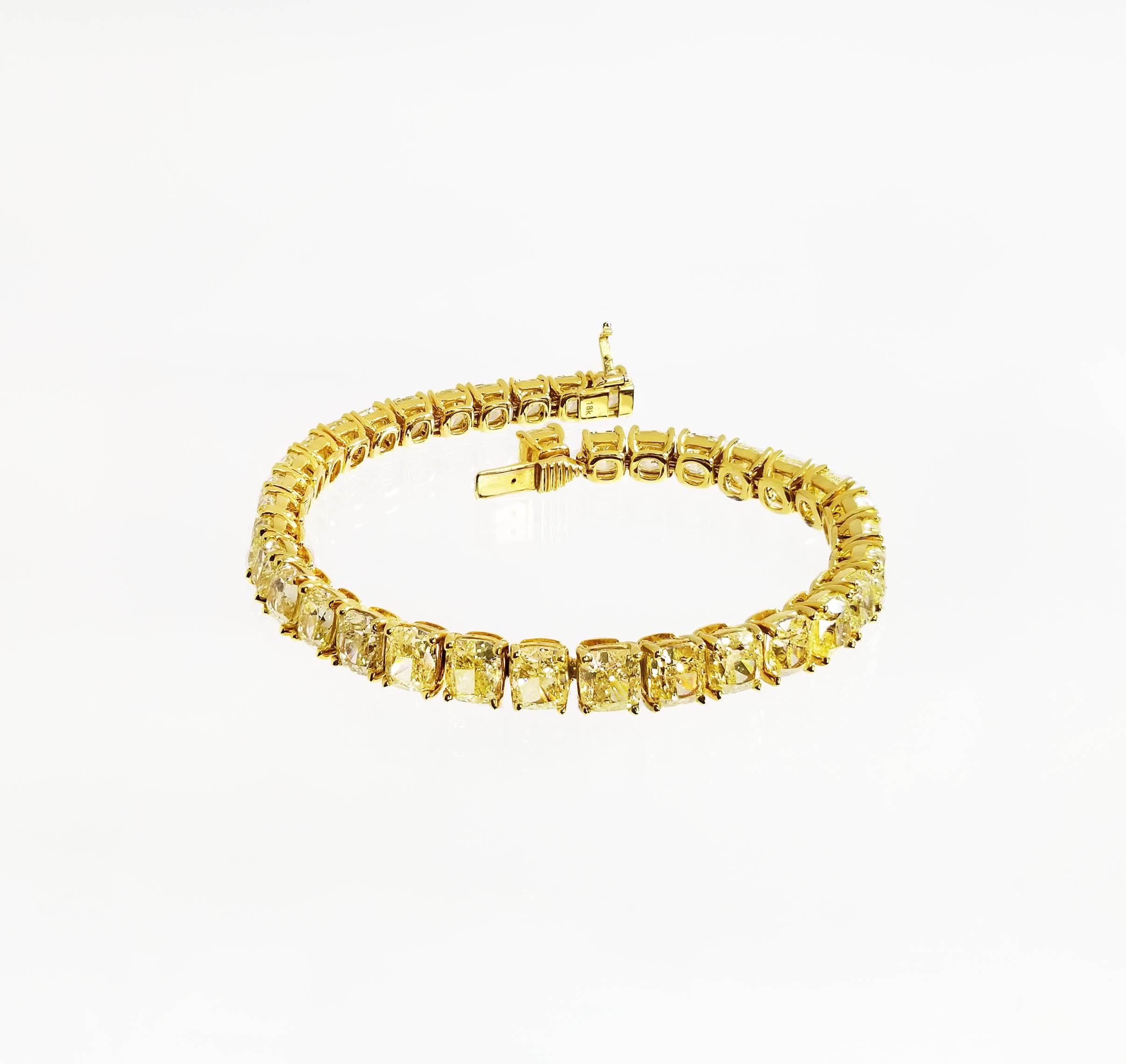 Contemporary 32+ Carat Natural Fancy Yellow Cushion-Cut Diamond Tennis Bracelet GIA Scarselli For Sale