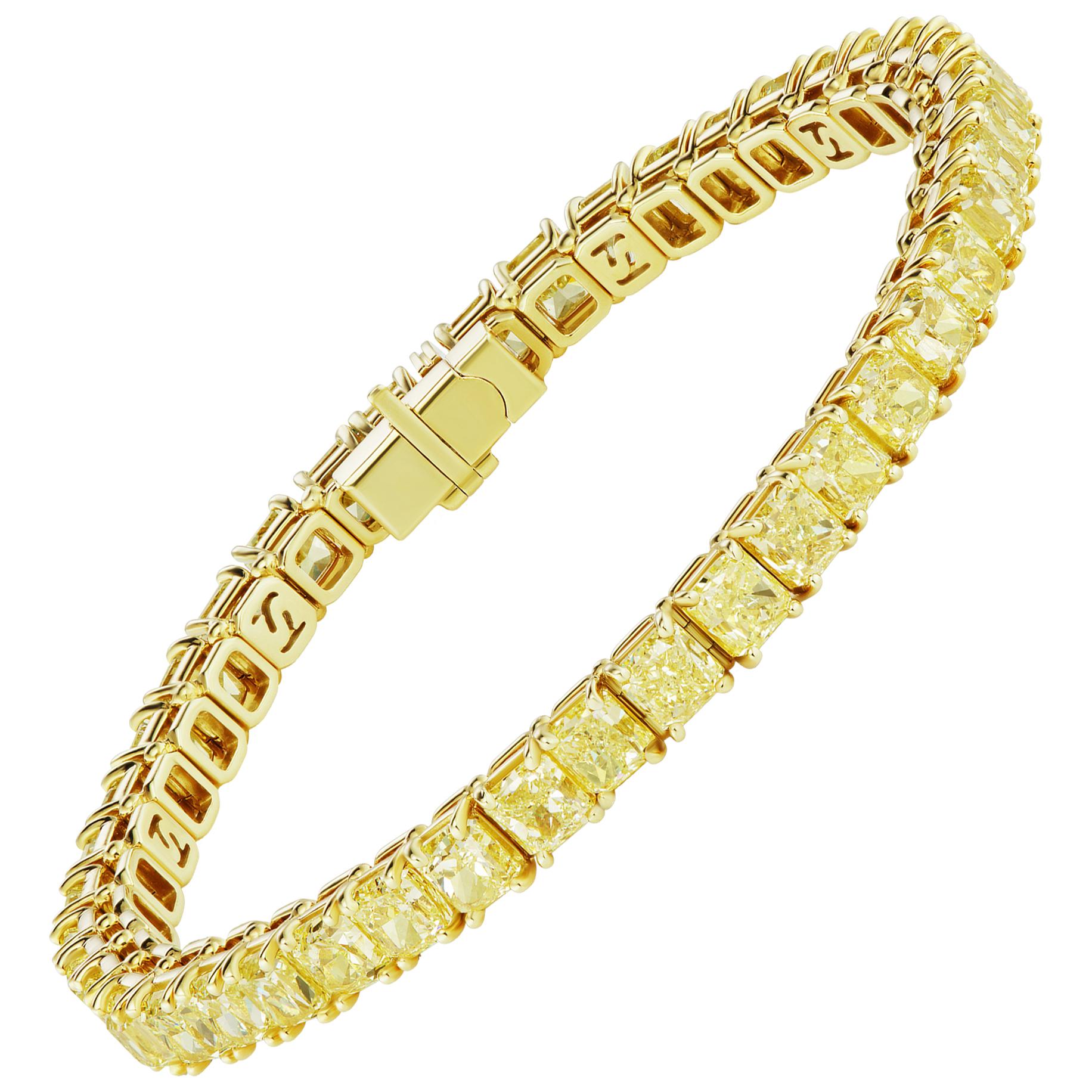 Bracelet tennis GIA Scarselli avec diamant jaune fantaisie naturel taille coussin de 32+ carats