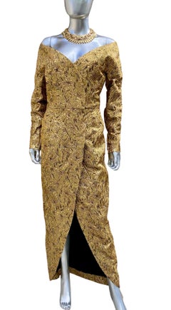Scassi Vintage Gold & Bronze Brocade Off Shoulder Wrap Evening Dress Size 14