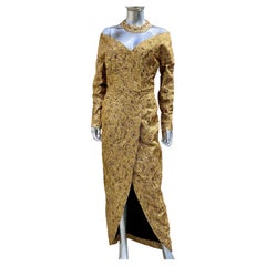 Scassi Vintage Gold & Bronze Brocade Off Shoulder Wrap Evening Dress Size 14