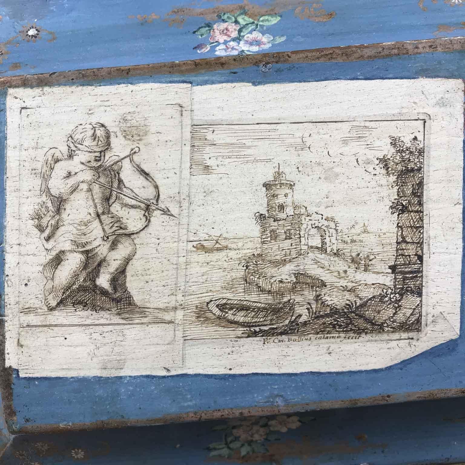 Scatola Italiana XVIII Secolo Laccata in Azzurro con Finta Carta e Fiorellini en venta 5