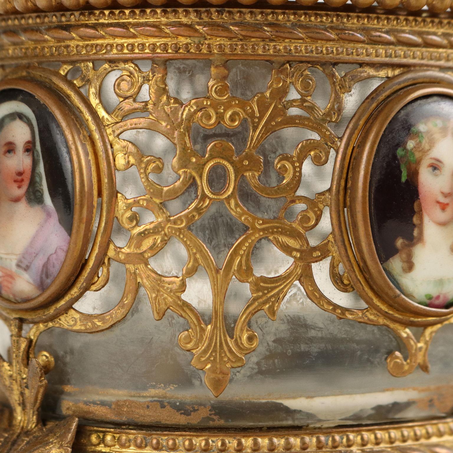 French Bronze Glass and Porcelain Jewelry Box with Paintings France 19th century For Sale