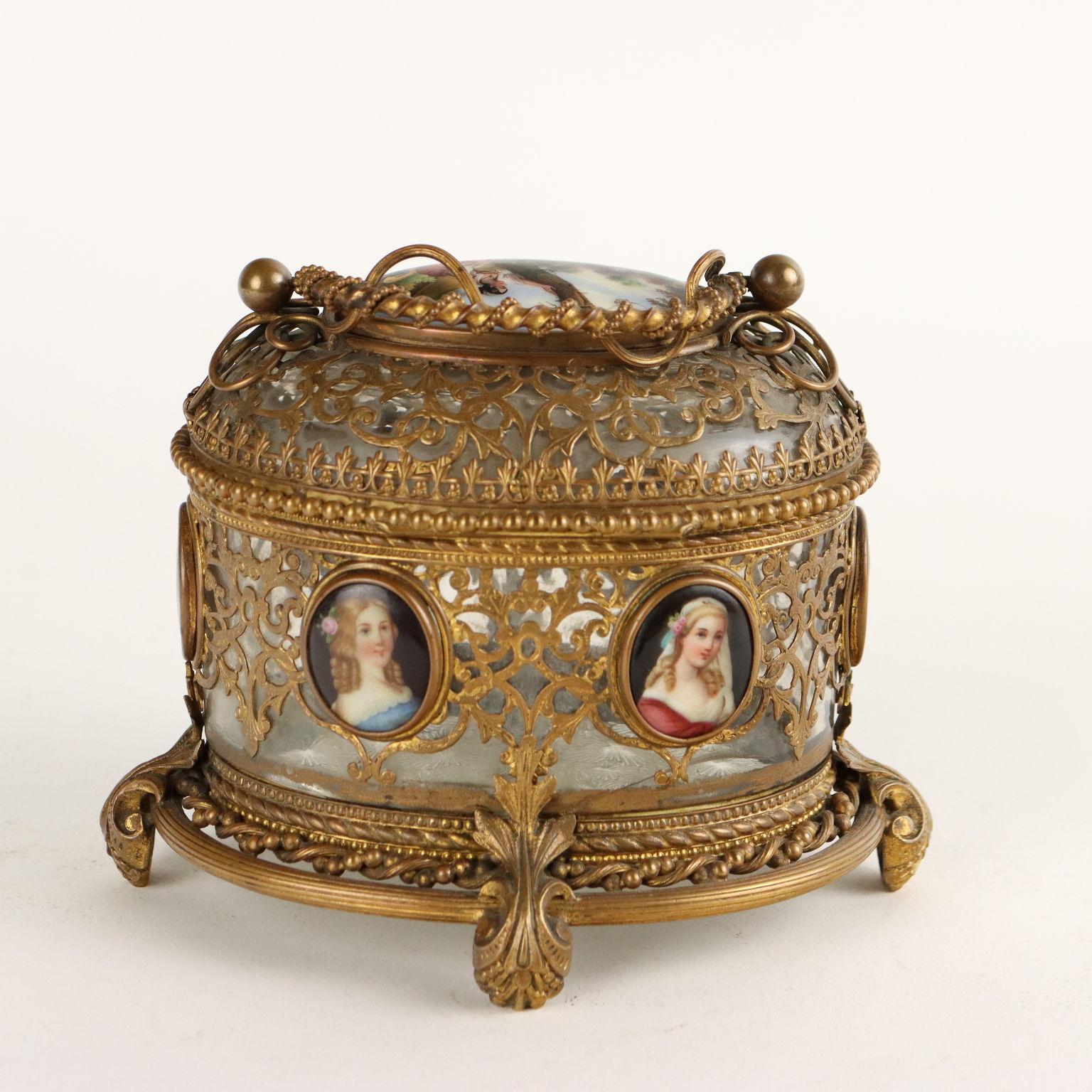 19th Century Bronze Glass and Porcelain Jewelry Box with Paintings France 19th century For Sale