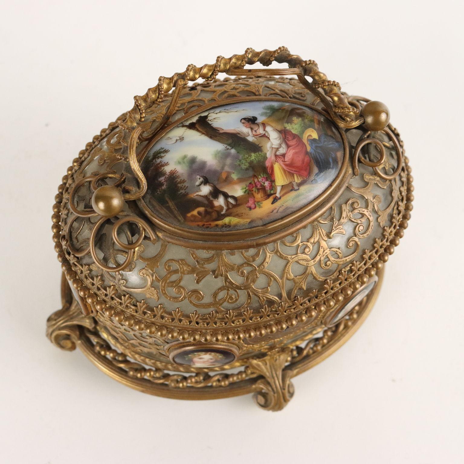 Bronze Glass and Porcelain Jewelry Box with Paintings France 19th century For Sale 2