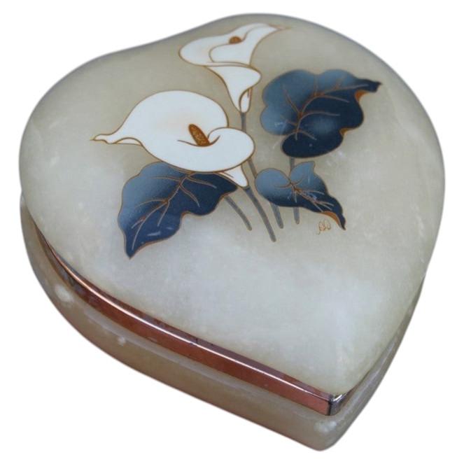 Heart-shaped alabaster jewelry box with flower decorations 1960s