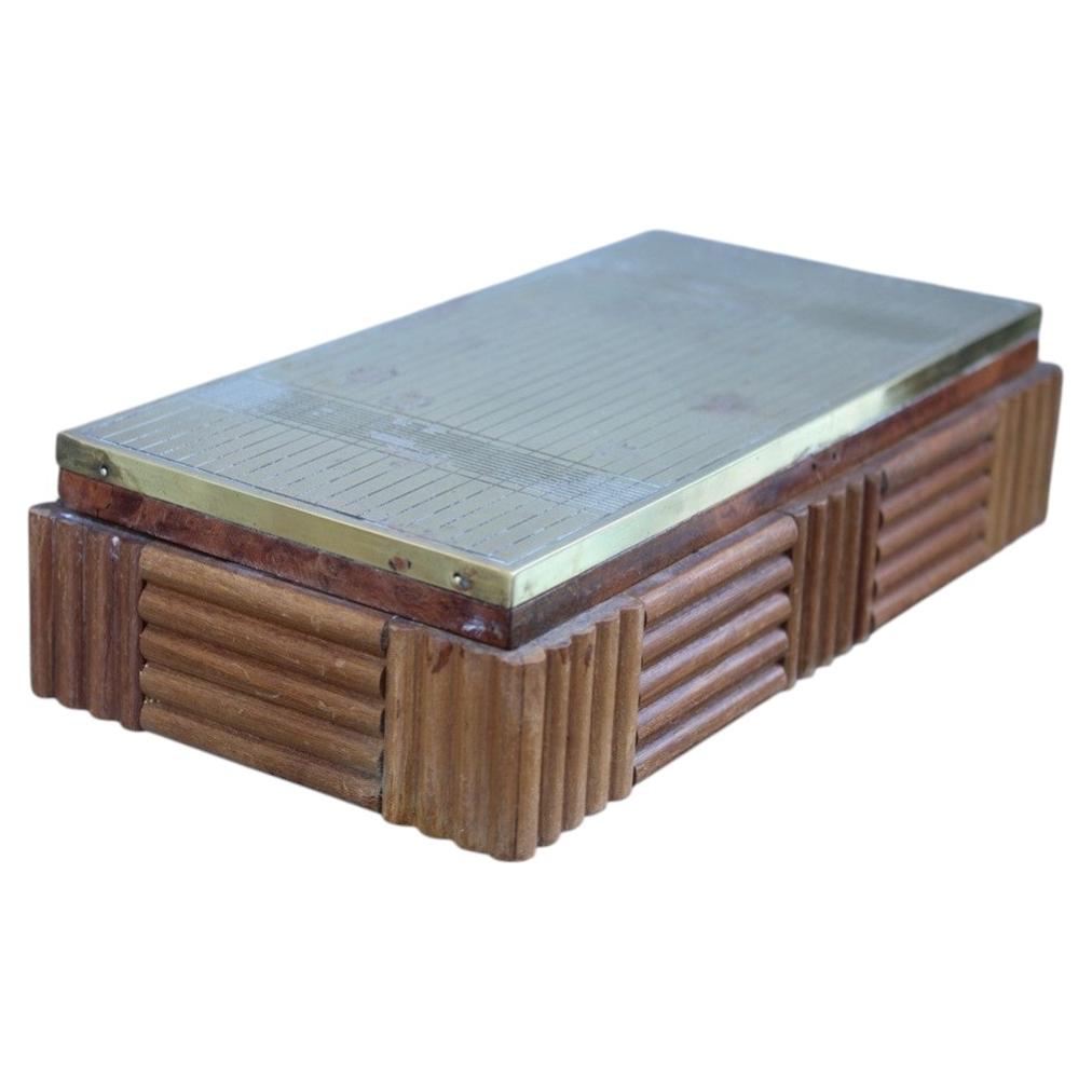 Brass Tobacco Box Holder. walnut wood Italy 1970s For Sale