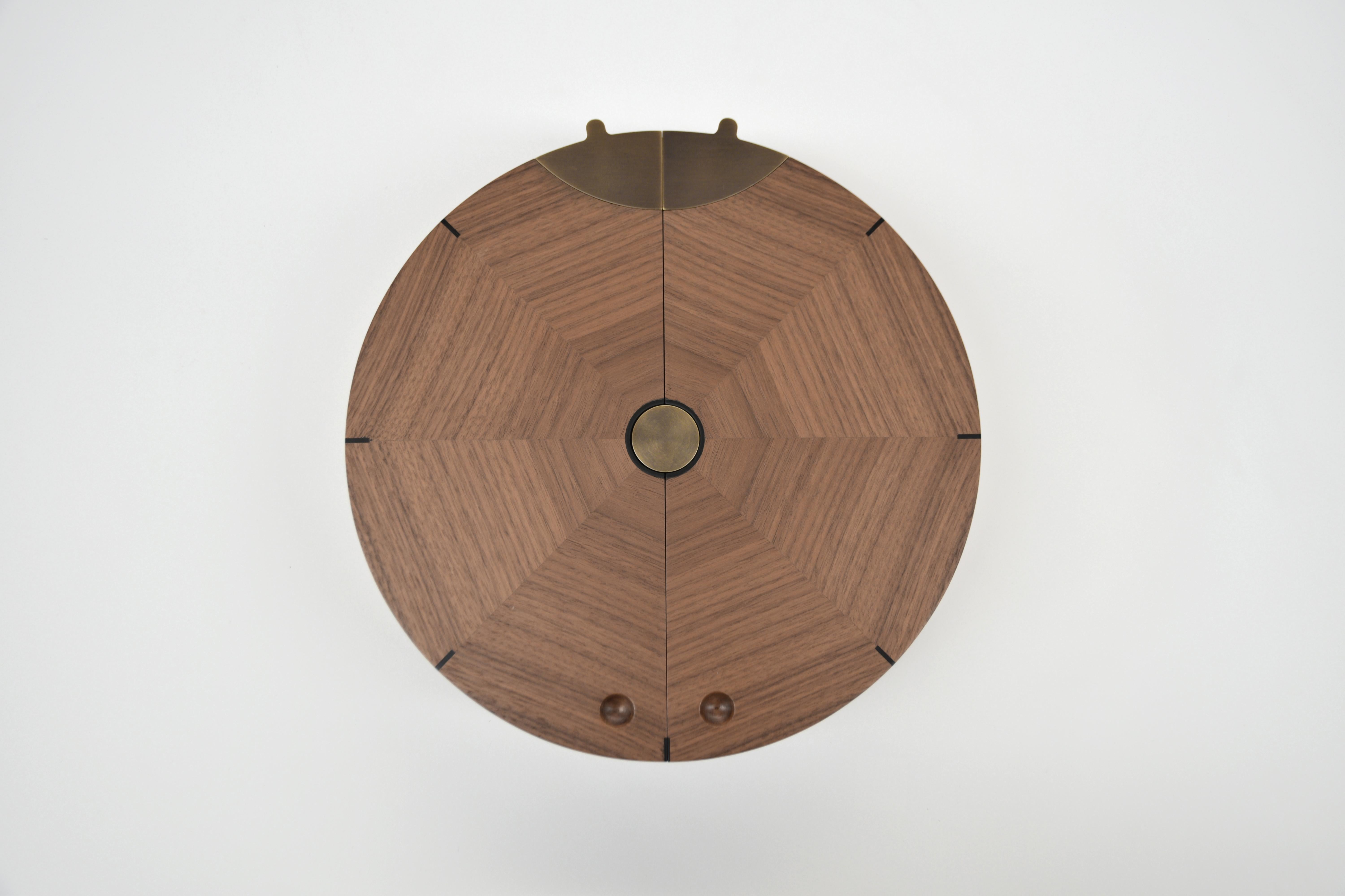 Minimalist Round walnut inlaid ebony box with leather-lined interior For Sale