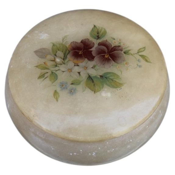 Round alabaster jewelry box with flower decal 1960s For Sale