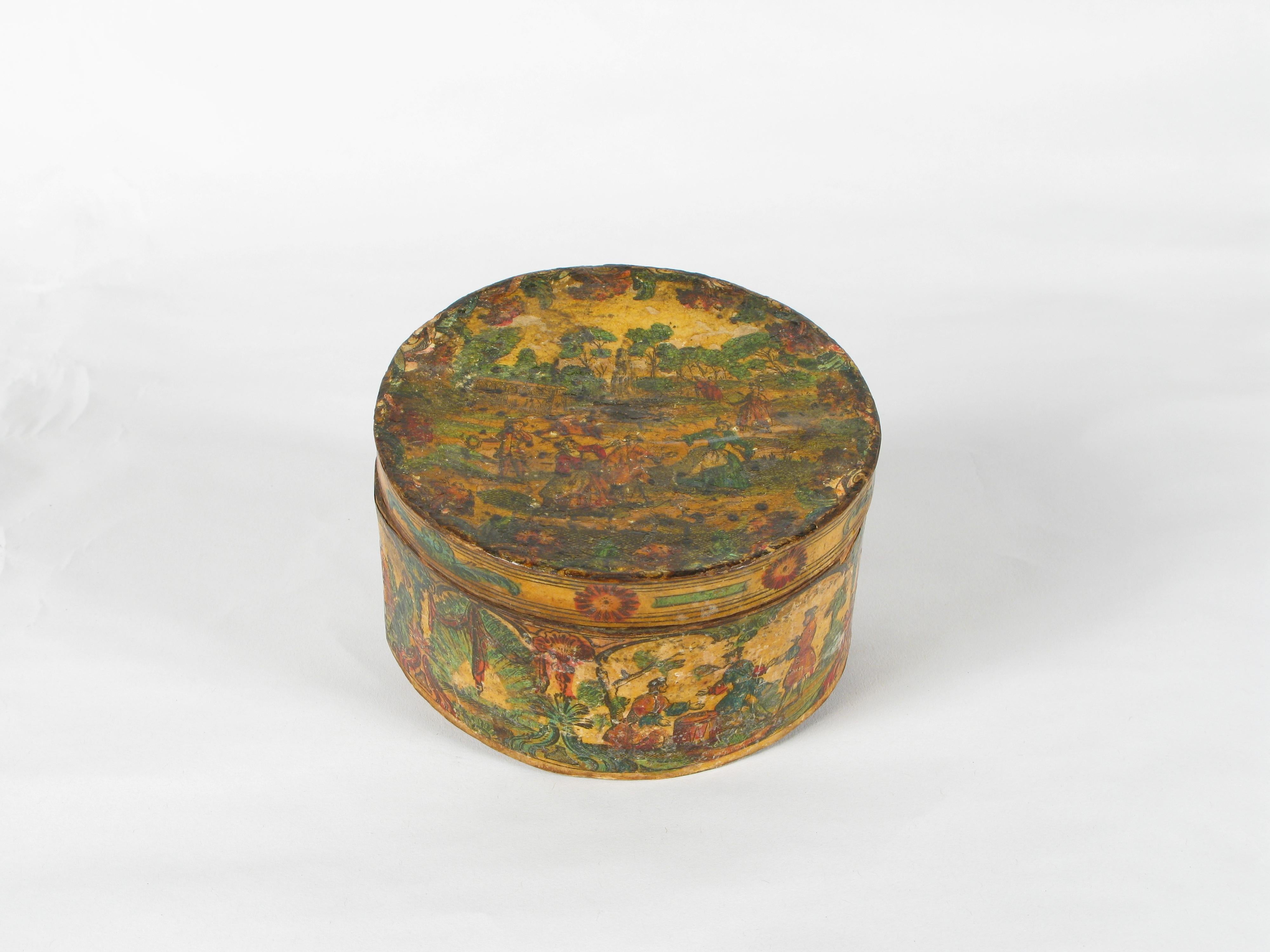 Venice, papier mâchè box, early 19th century


decorated with watercolor prints having the theme of board games.

6.6 cm height x 12.2 (diameter)


In particular: 

the cover features a skit that takes place outdoors, inside a large garden.

Men and