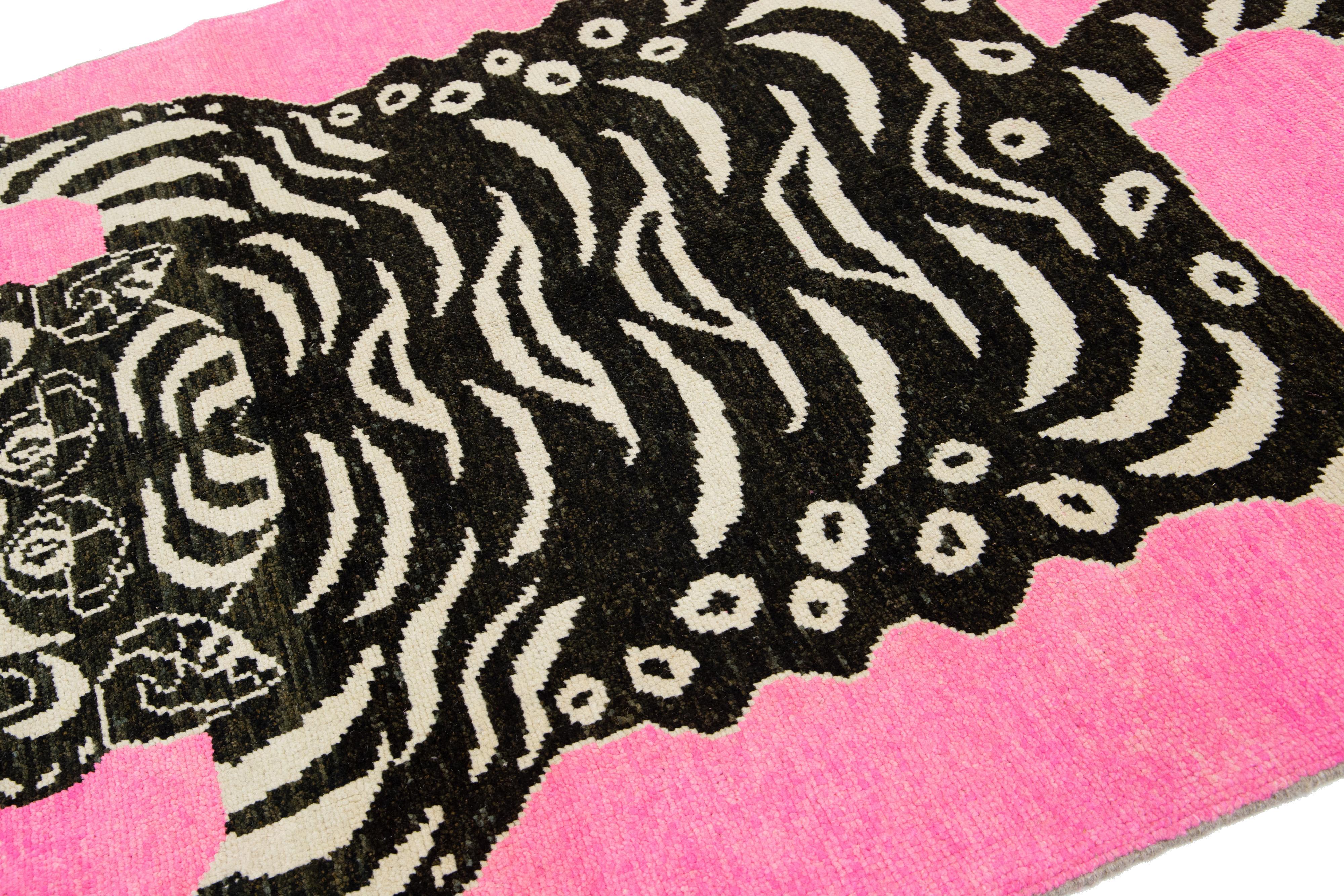 Scatter Handmade Pink Turkish Wool Rug With A Tiger Motif  For Sale 4