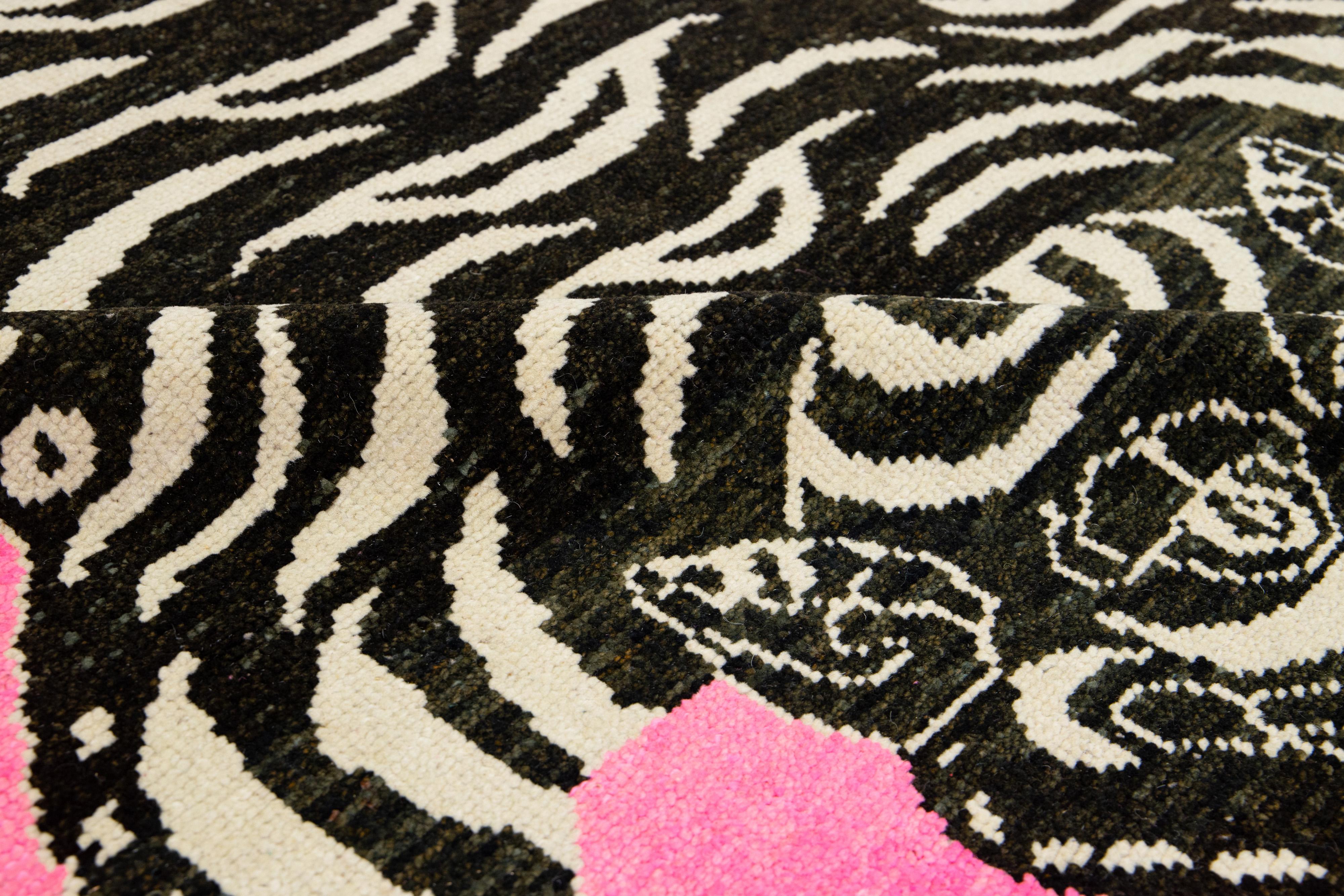 Hand-Knotted Scatter Handmade Pink Turkish Wool Rug With A Tiger Motif  For Sale