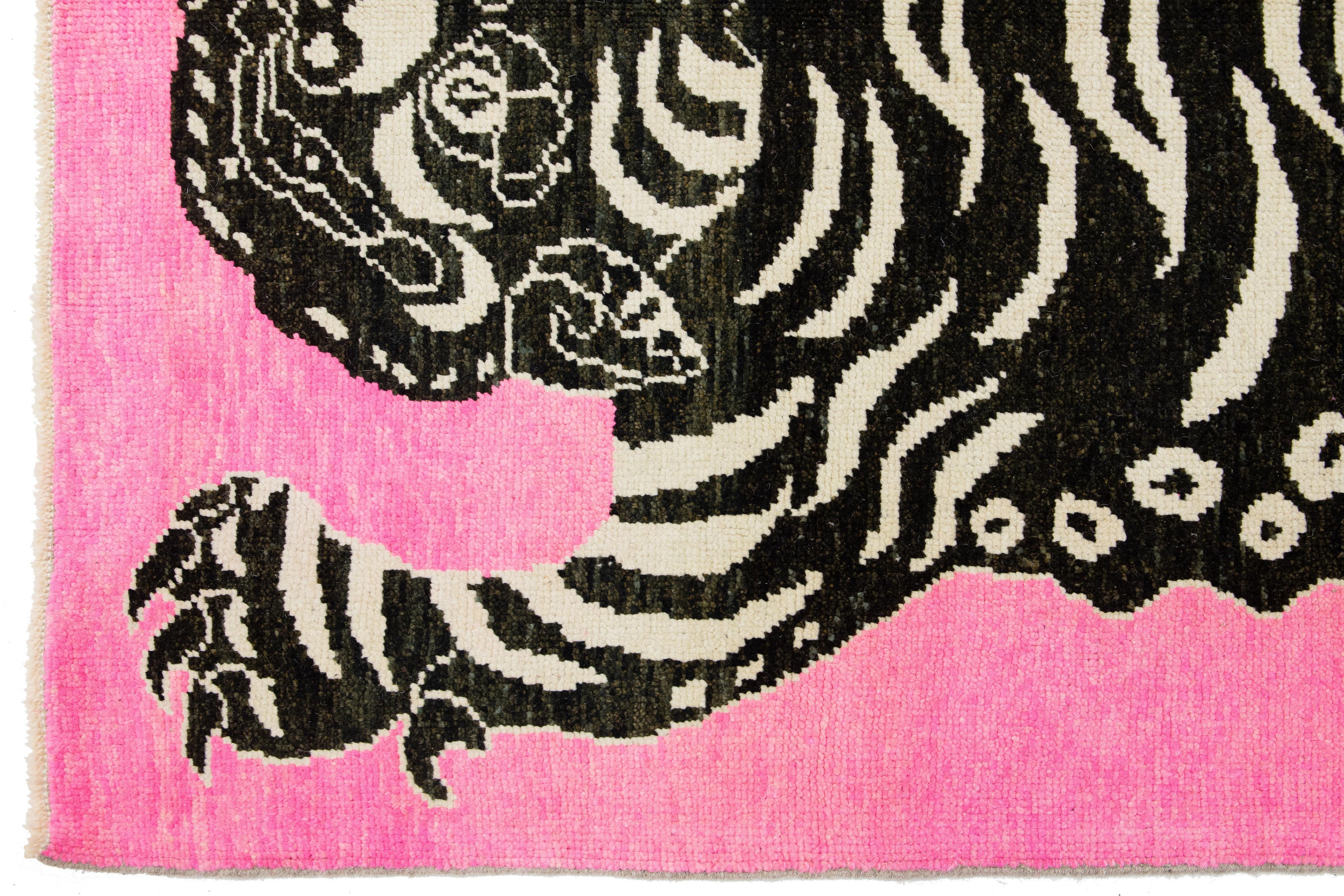 Scatter Handmade Pink Turkish Wool Rug With A Tiger Motif  For Sale 2