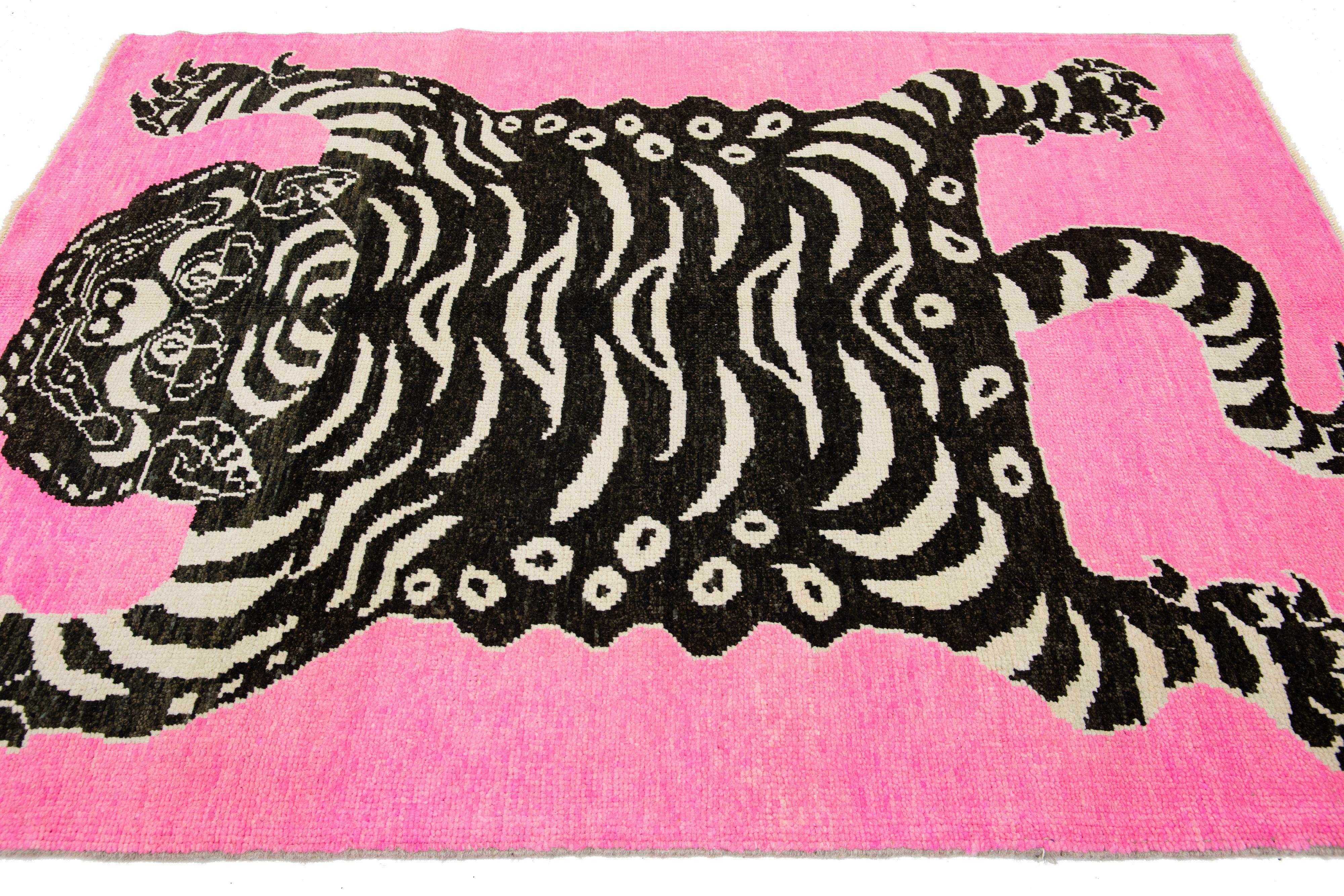 Scatter Handmade Pink Turkish Wool Rug With A Tiger Motif  For Sale 3
