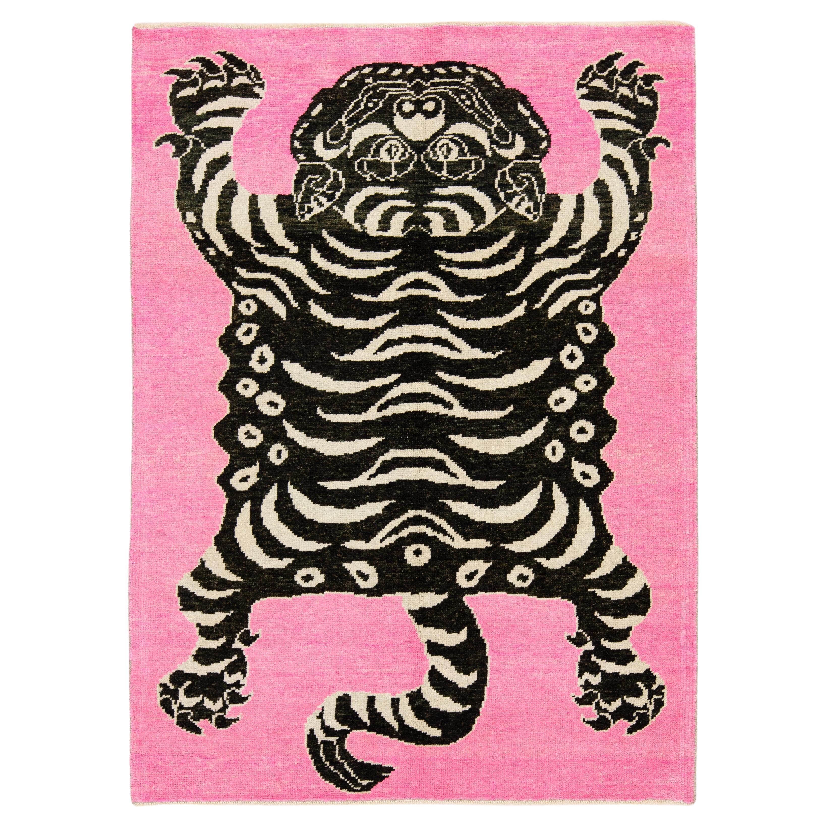 Scatter Handmade Pink Turkish Wool Rug With A Tiger Motif  For Sale