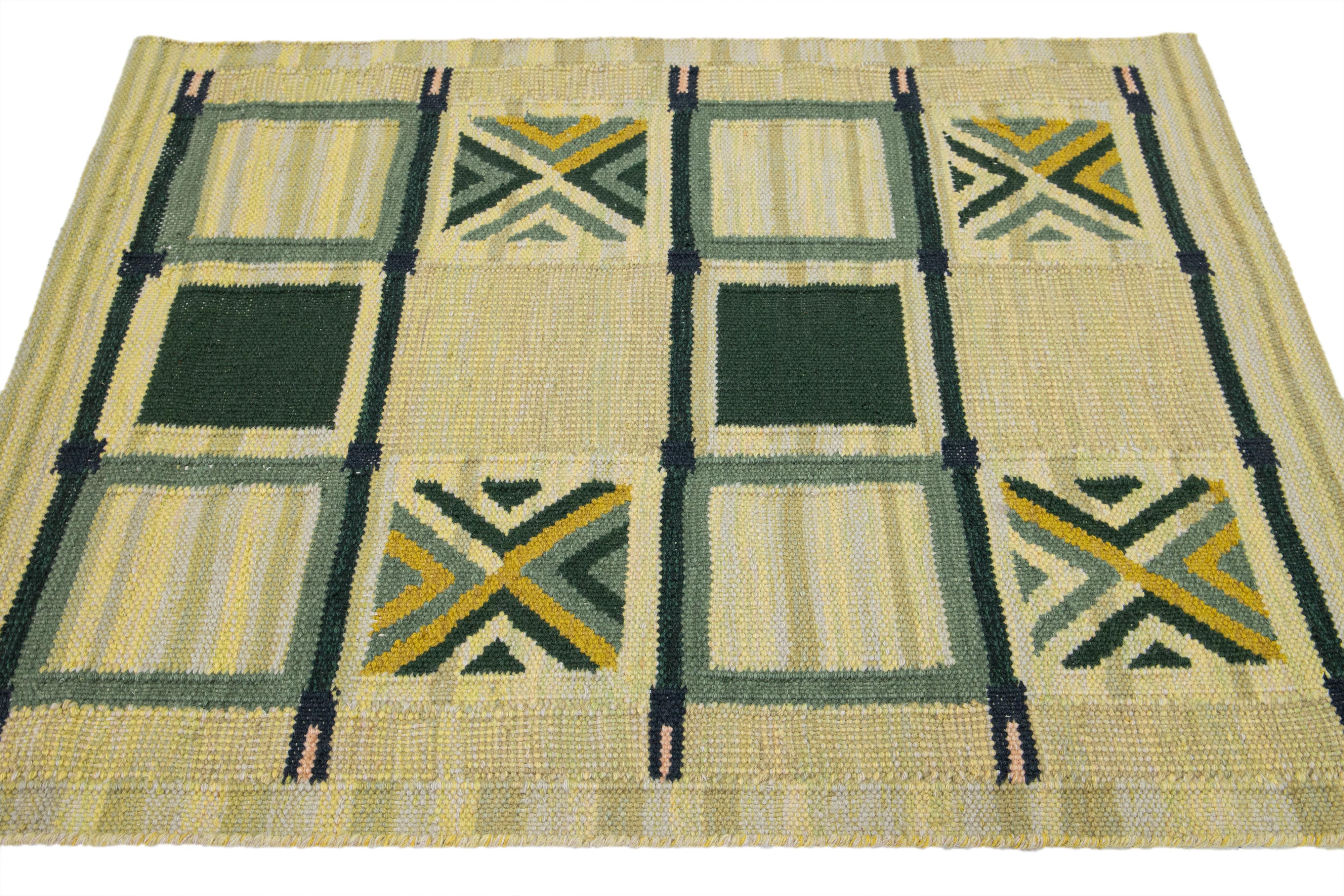 Scandinavian Modern Scatter Swedish Style Modern Wool Rug In Yellow and Green Design For Sale