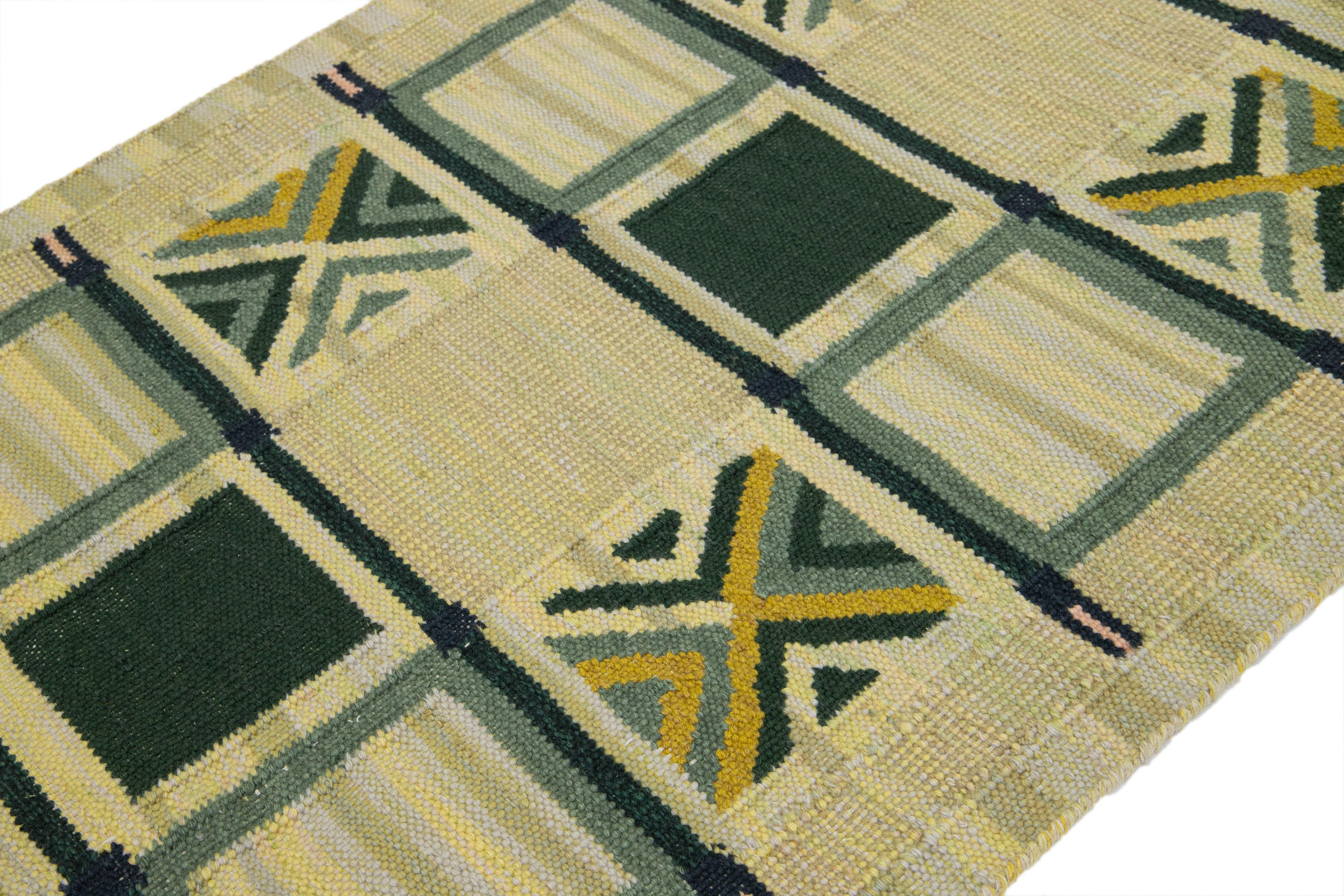 Indian Scatter Swedish Style Modern Wool Rug In Yellow and Green Design For Sale
