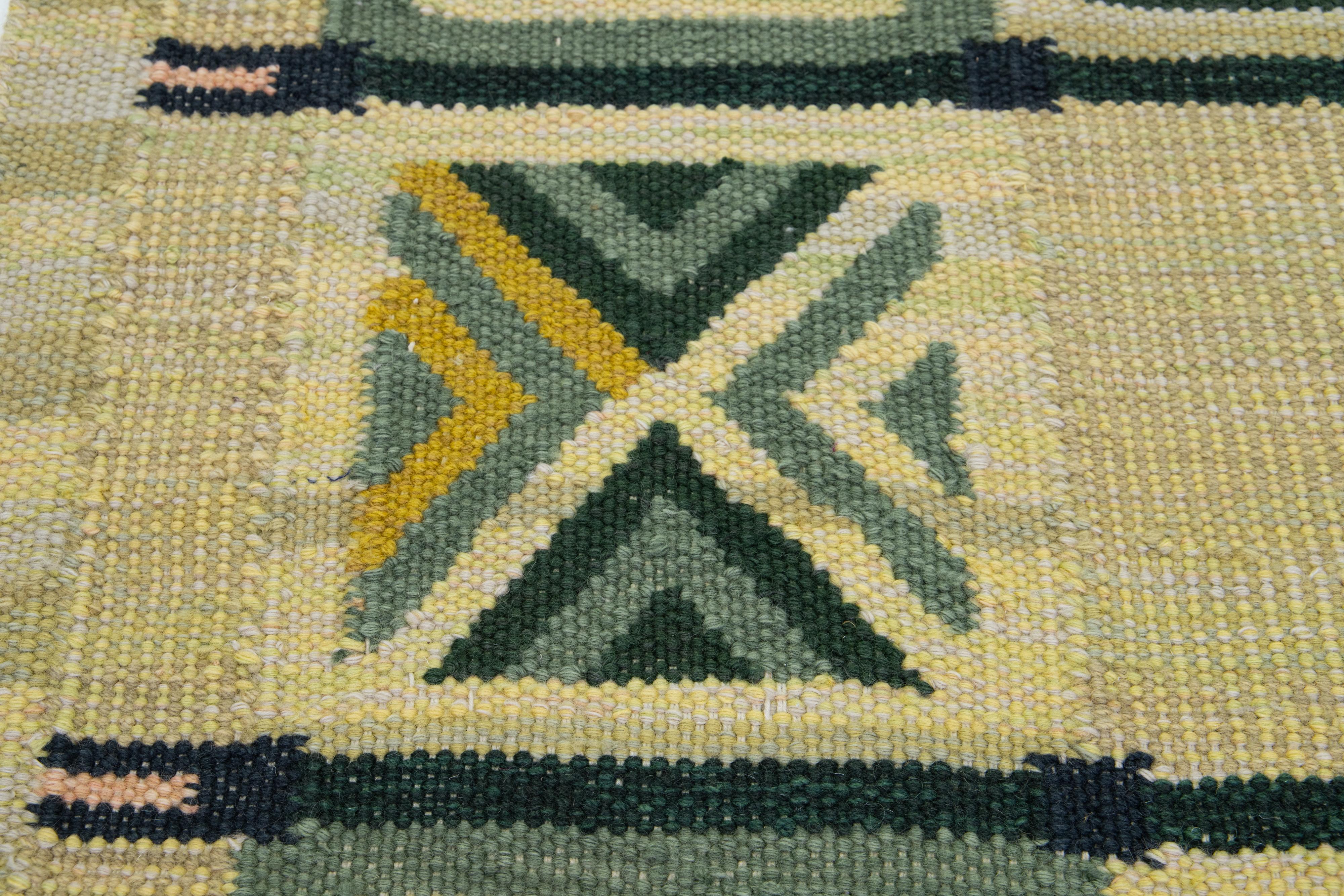 Contemporary Scatter Swedish Style Modern Wool Rug In Yellow and Green Design For Sale