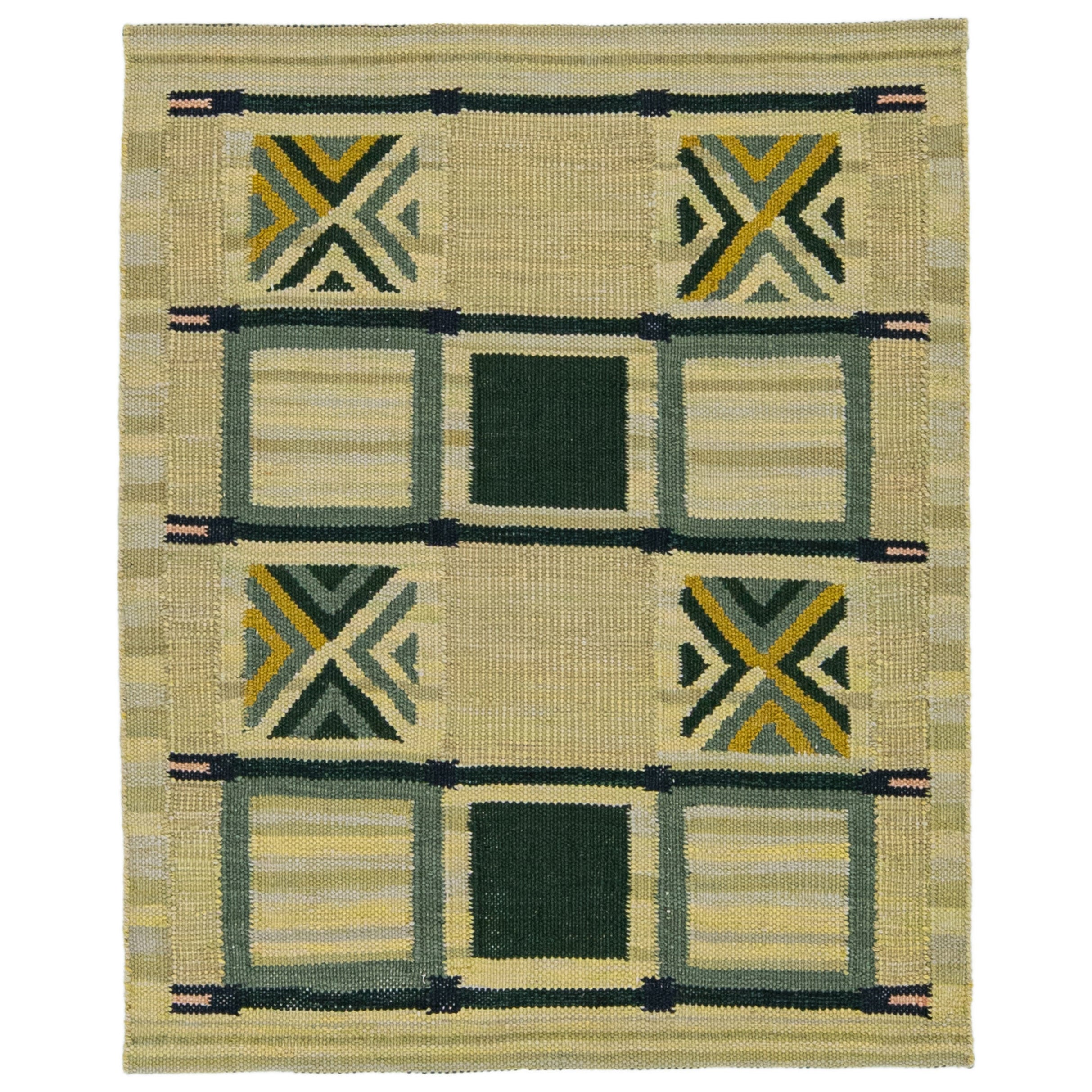 Tappeto in lana moderna in stile svedese Scatter con design giallo e verde in vendita