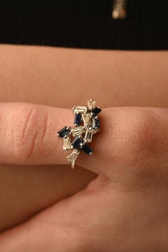 Scattered Diamond and Sapphire Ring 14K White Gold Women Ring